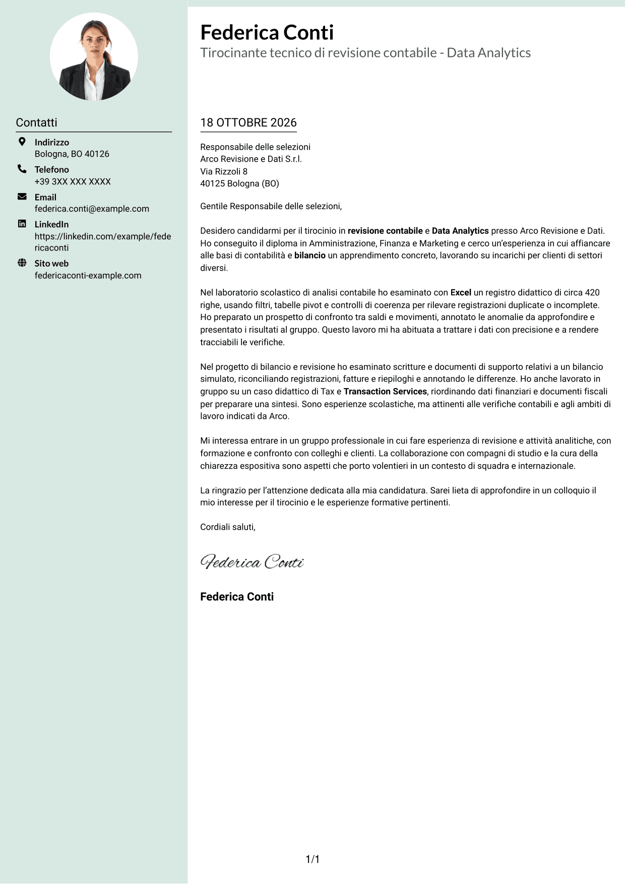 Lettera di presentazione Dirigente (formato con colonna laterale tenue e foto arrotondata): Tirocinante tecnico di revisione contabile - Data Analytics, pagina 1