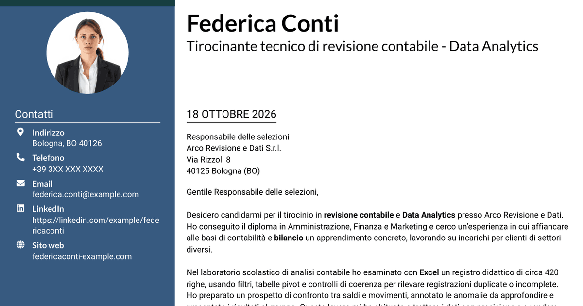 7 modelli di lettera di presentazione per Tirocinante tecnico di revisione contabile - Data Analytics, con esempi