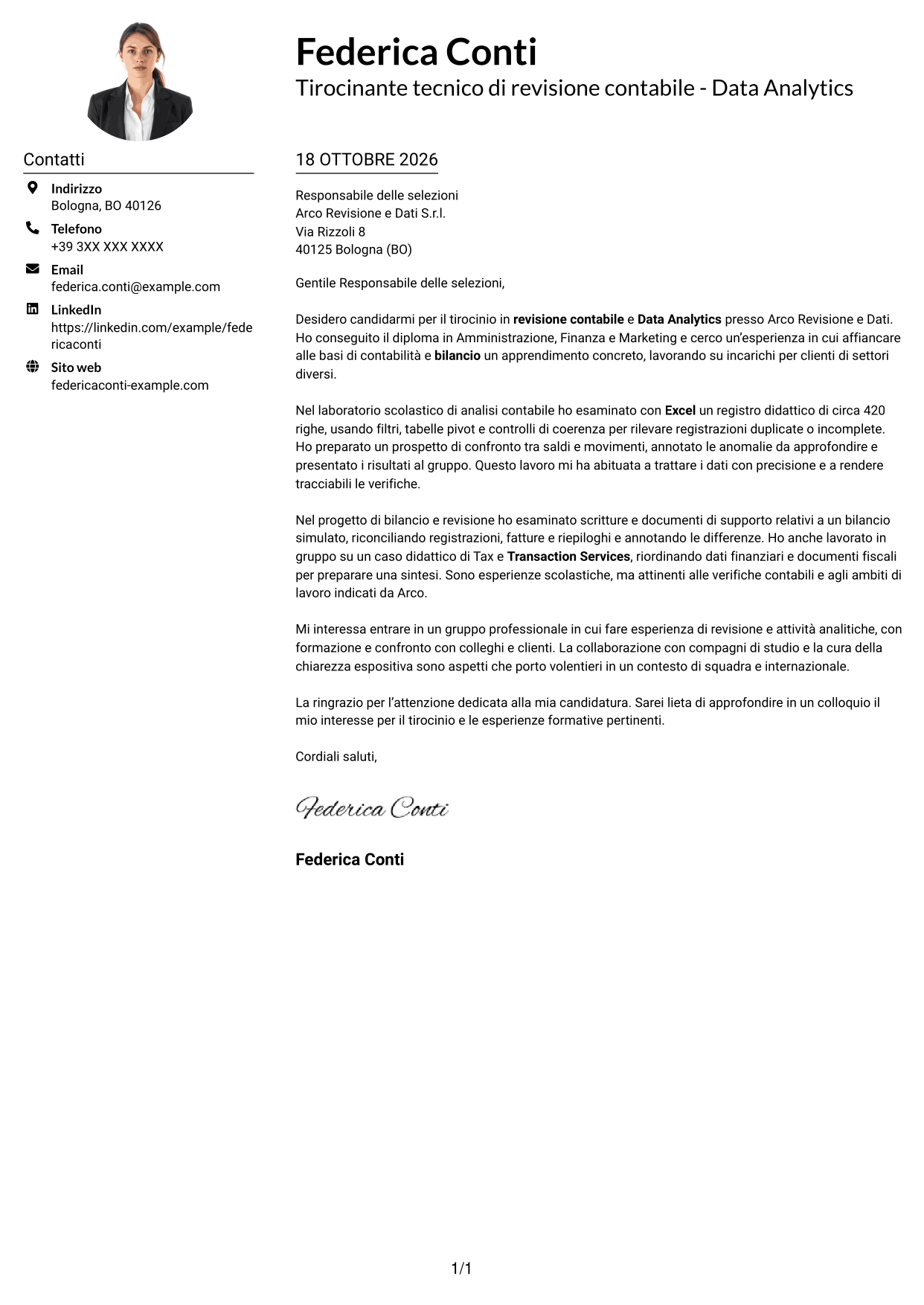 Esempio di lettera di presentazione — pagina 1