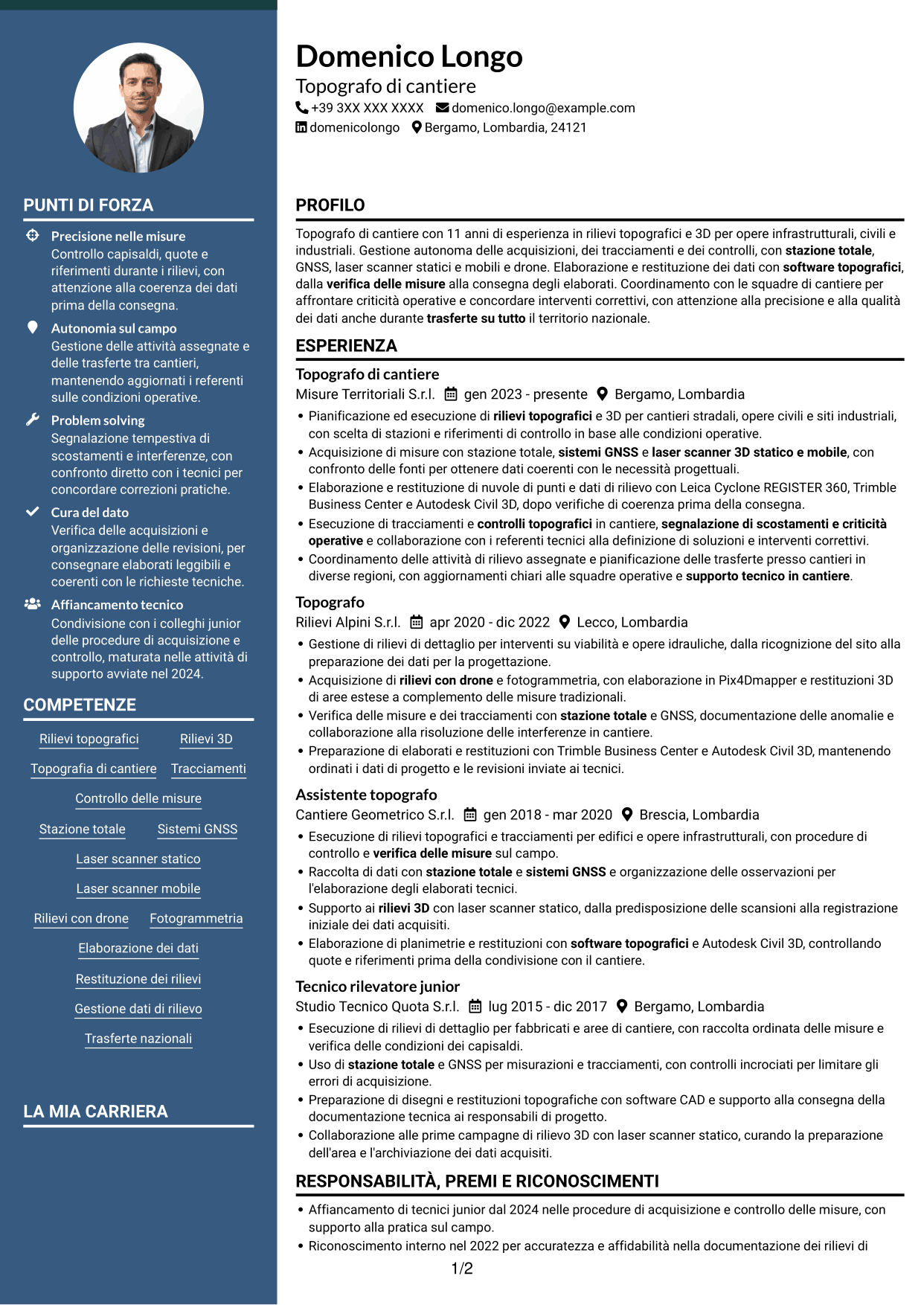CV Elegante (formato con colonna laterale colorata e foto): Topografo - Rilievi di cantiere e 3D, pagina 1