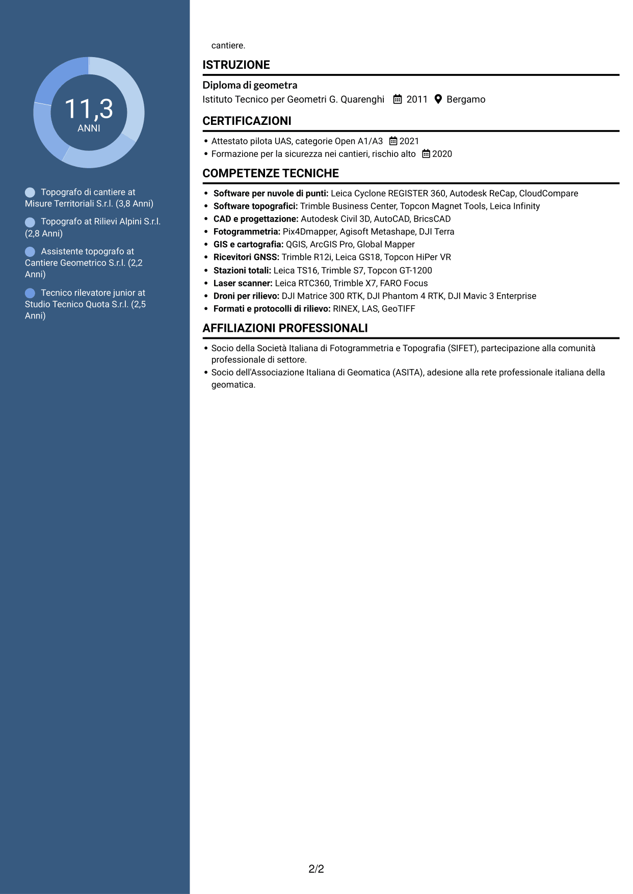 CV Elegante (formato con colonna laterale colorata e foto): Topografo - Rilievi di cantiere e 3D, pagina 2