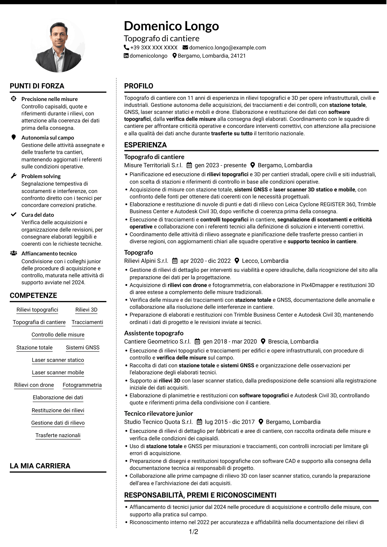 CV Moderno (formato a due colonne con foto a sinistra e separatore): Topografo - Rilievi di cantiere e 3D, pagina 1