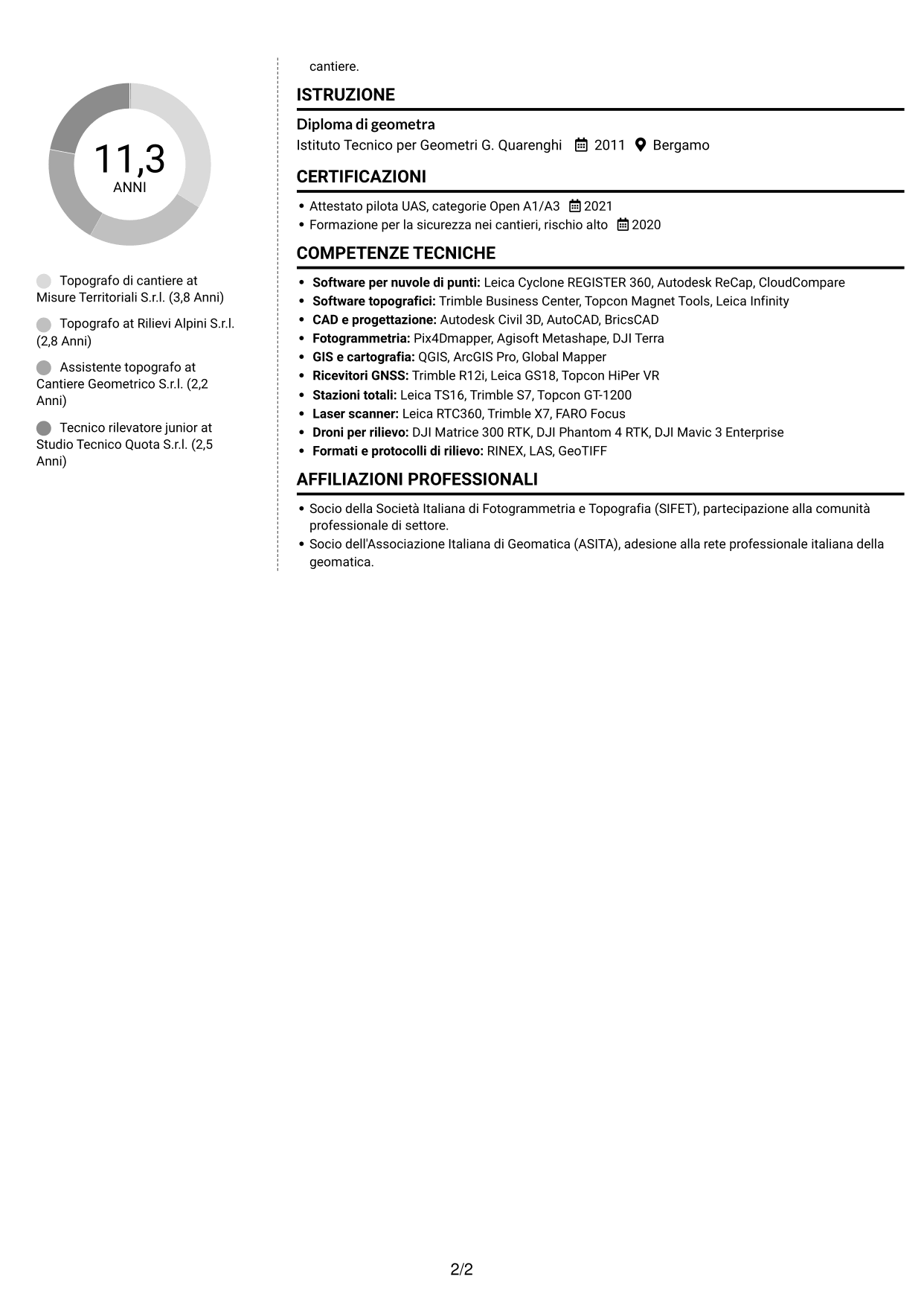 CV Moderno (formato a due colonne con foto a sinistra e separatore): Topografo - Rilievi di cantiere e 3D, pagina 2