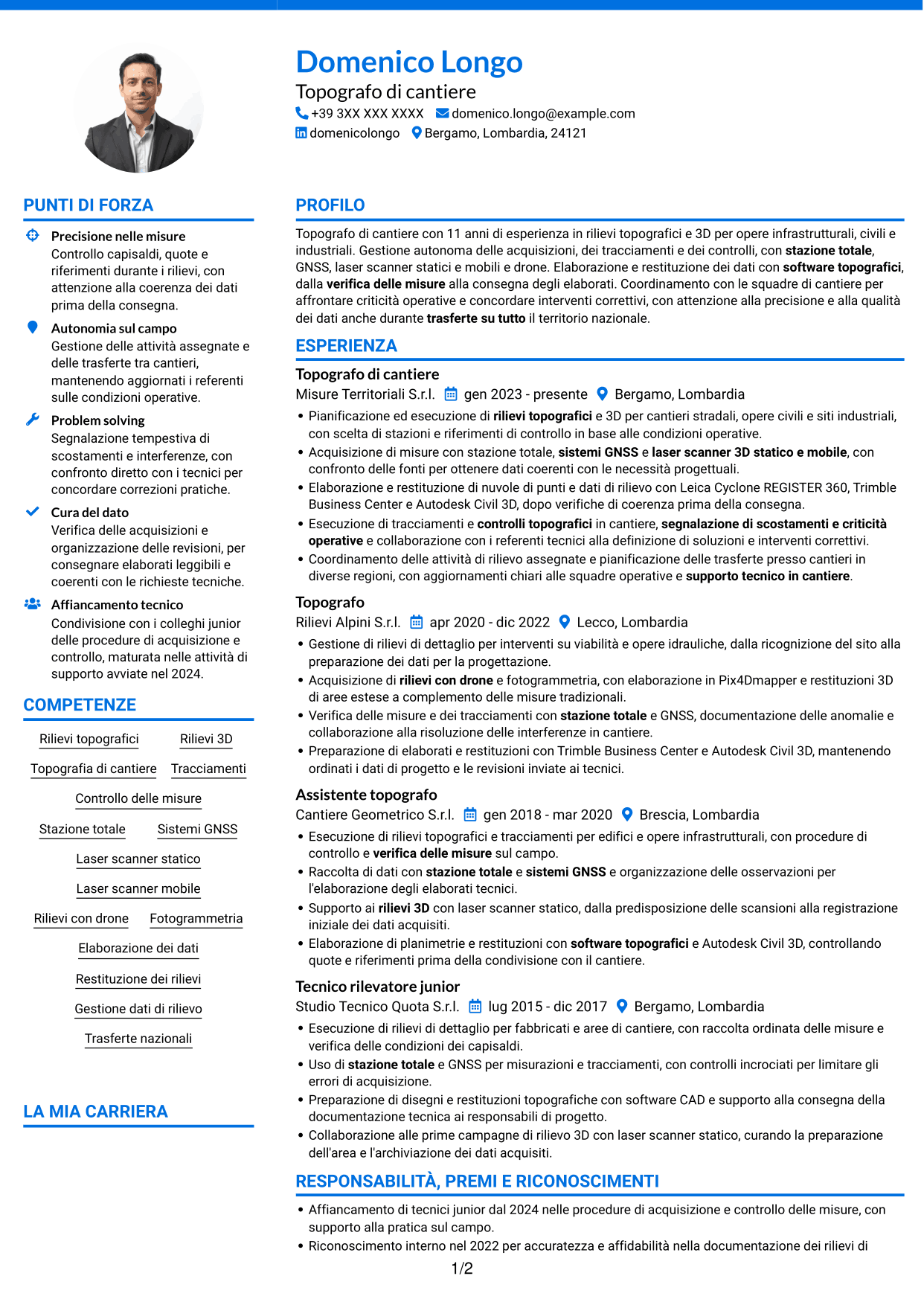 CV Audace (formato a due colonne con accenti colorati e foto): Topografo - Rilievi di cantiere e 3D, pagina 1