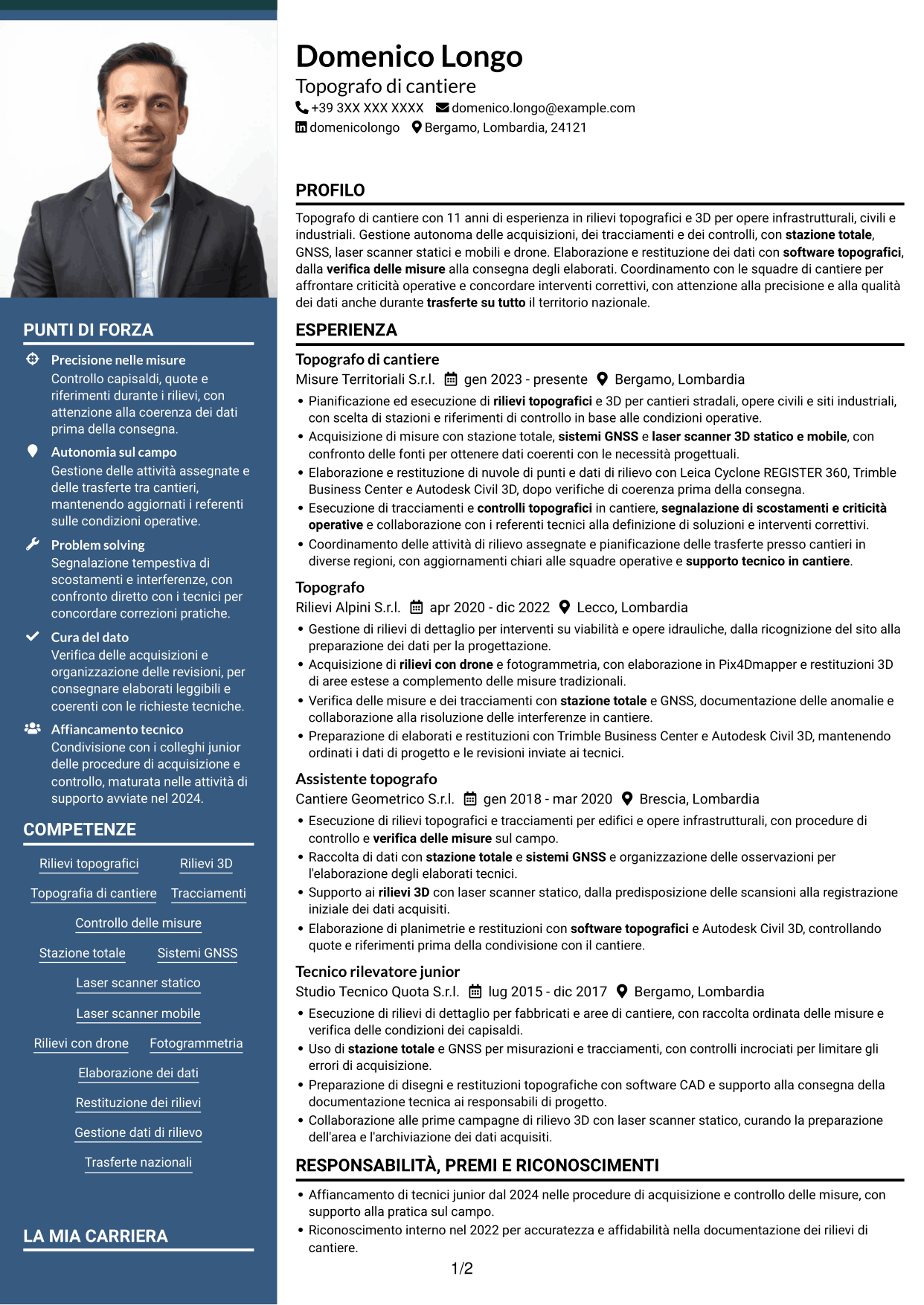 CV Signature (formato con colonna laterale colorata e foto grande): Topografo - Rilievi di cantiere e 3D, pagina 1