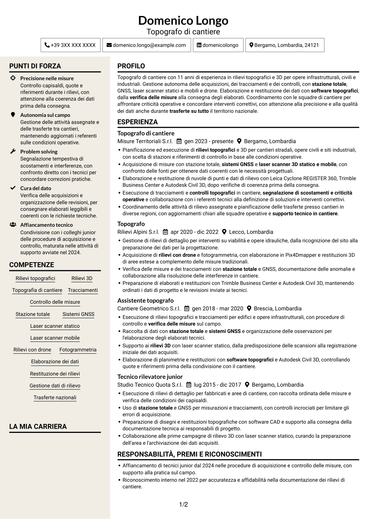 CV Intraprendente (formato a due colonne con intestazione centrata senza foto): Topografo - Rilievi di cantiere e 3D, pagina 1