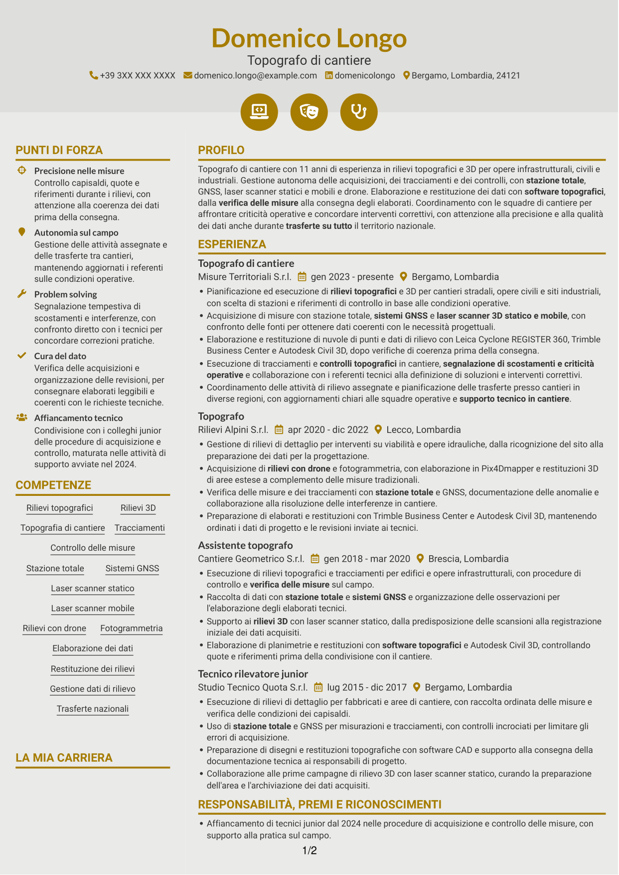 CV Dinamico (formato a due colonne con icone): Topografo - Rilievi di cantiere e 3D, pagina 1