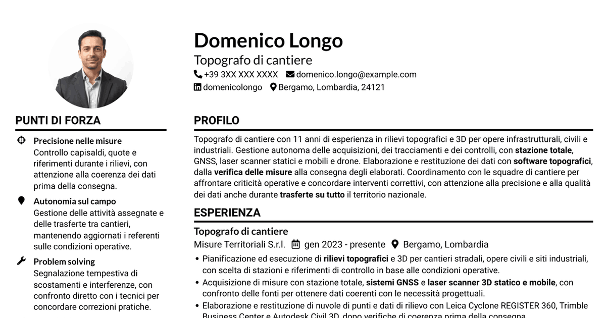 7 modelli di CV per Topografo - Rilievi di cantiere e 3D, con esempi