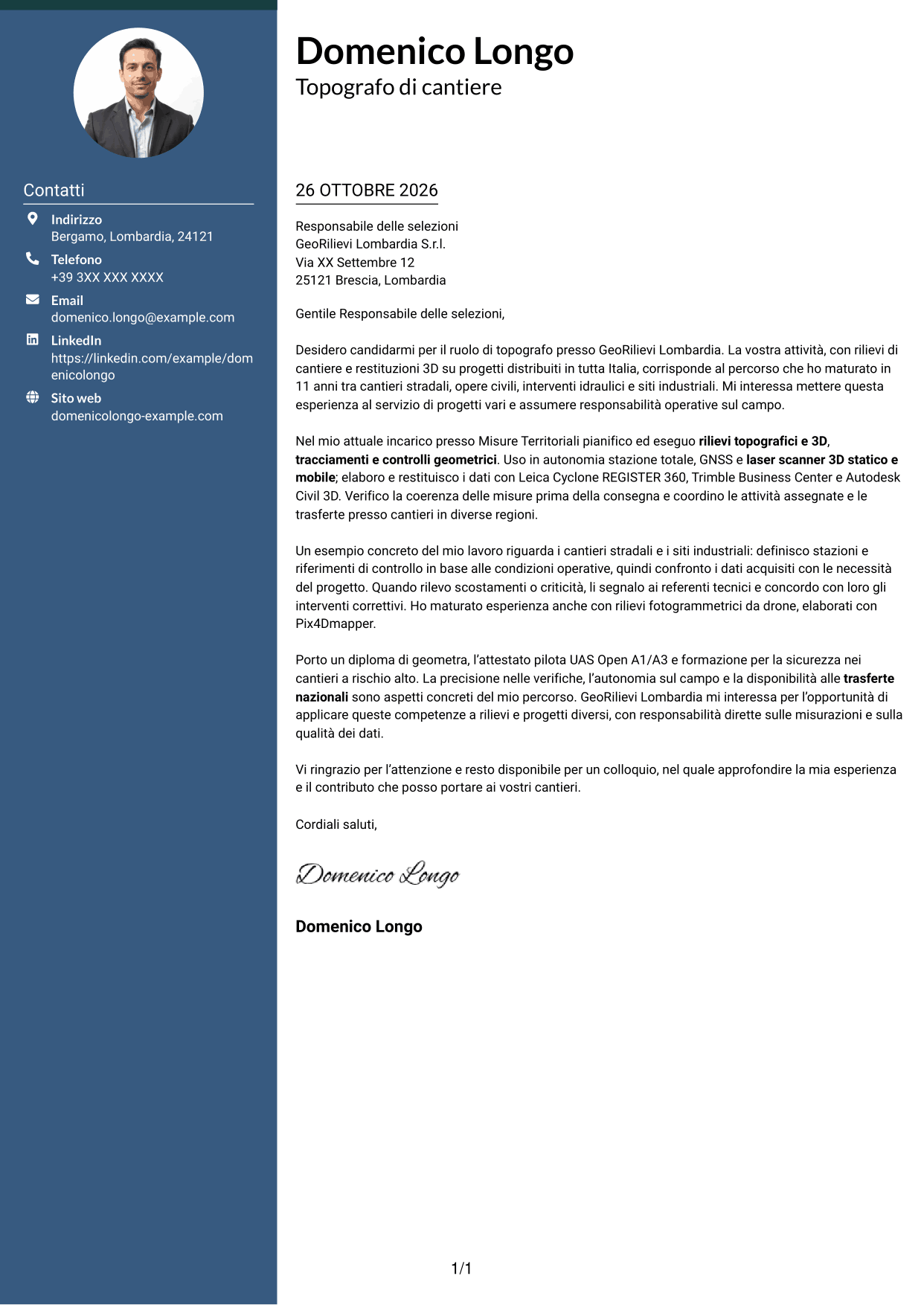Lettera di presentazione Elegante (formato con colonna laterale colorata e foto): Topografo - Rilievi di cantiere e 3D, pagina 1