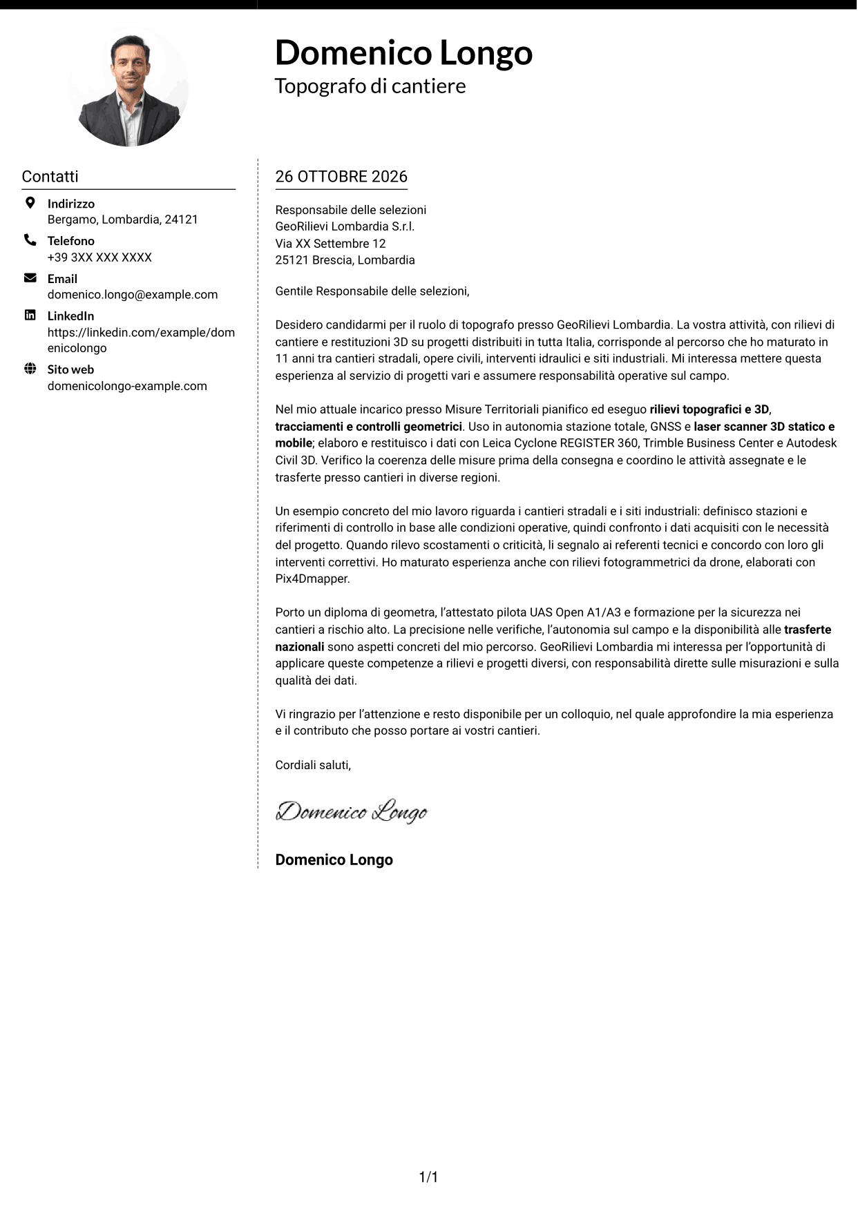 Lettera di presentazione Moderno (formato a due colonne con foto a sinistra e separatore): Topografo - Rilievi di cantiere e 3D, pagina 1