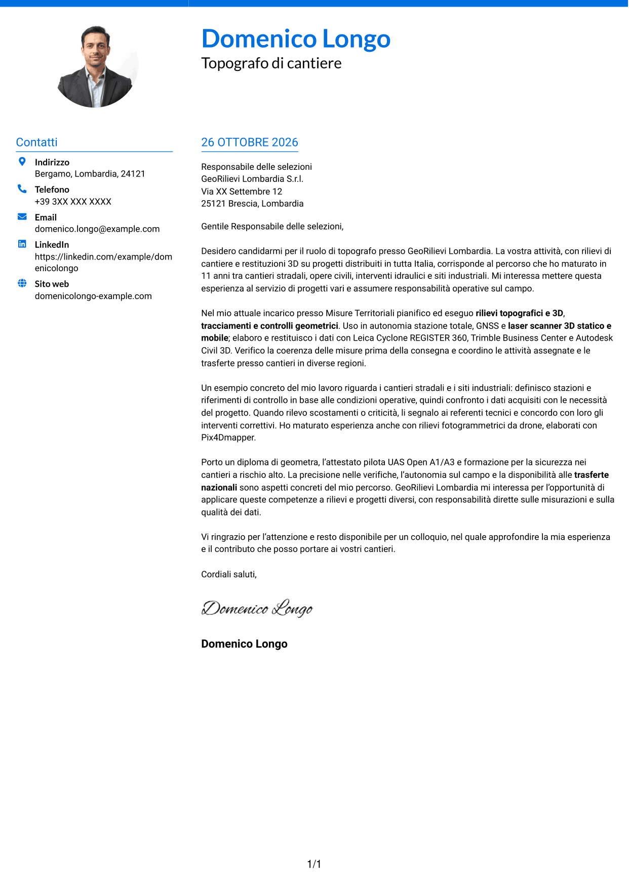 Lettera di presentazione Audace (formato a due colonne con accenti colorati e foto): Topografo - Rilievi di cantiere e 3D, pagina 1