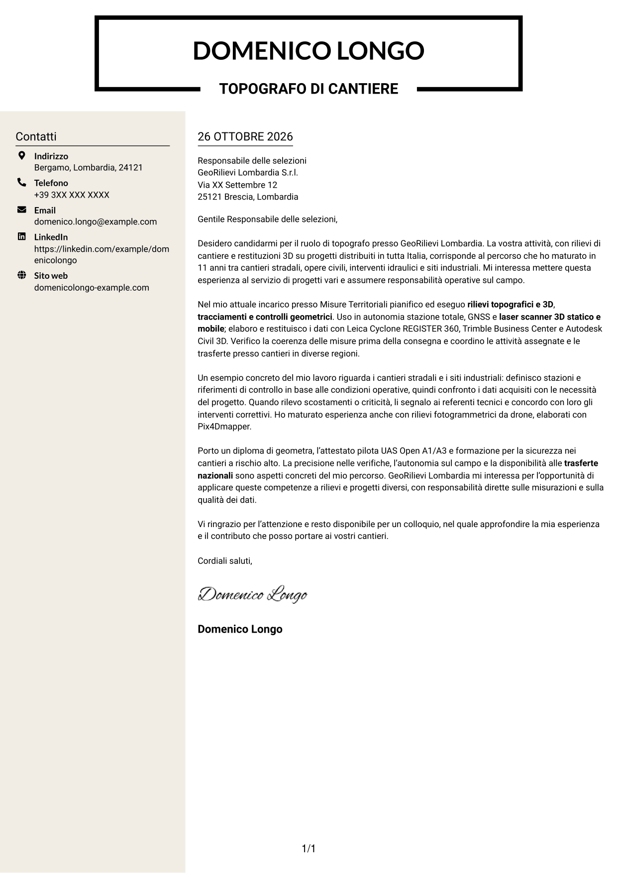 Lettera di presentazione Intraprendente (formato a due colonne con intestazione centrata senza foto): Topografo - Rilievi di cantiere e 3D, pagina 1