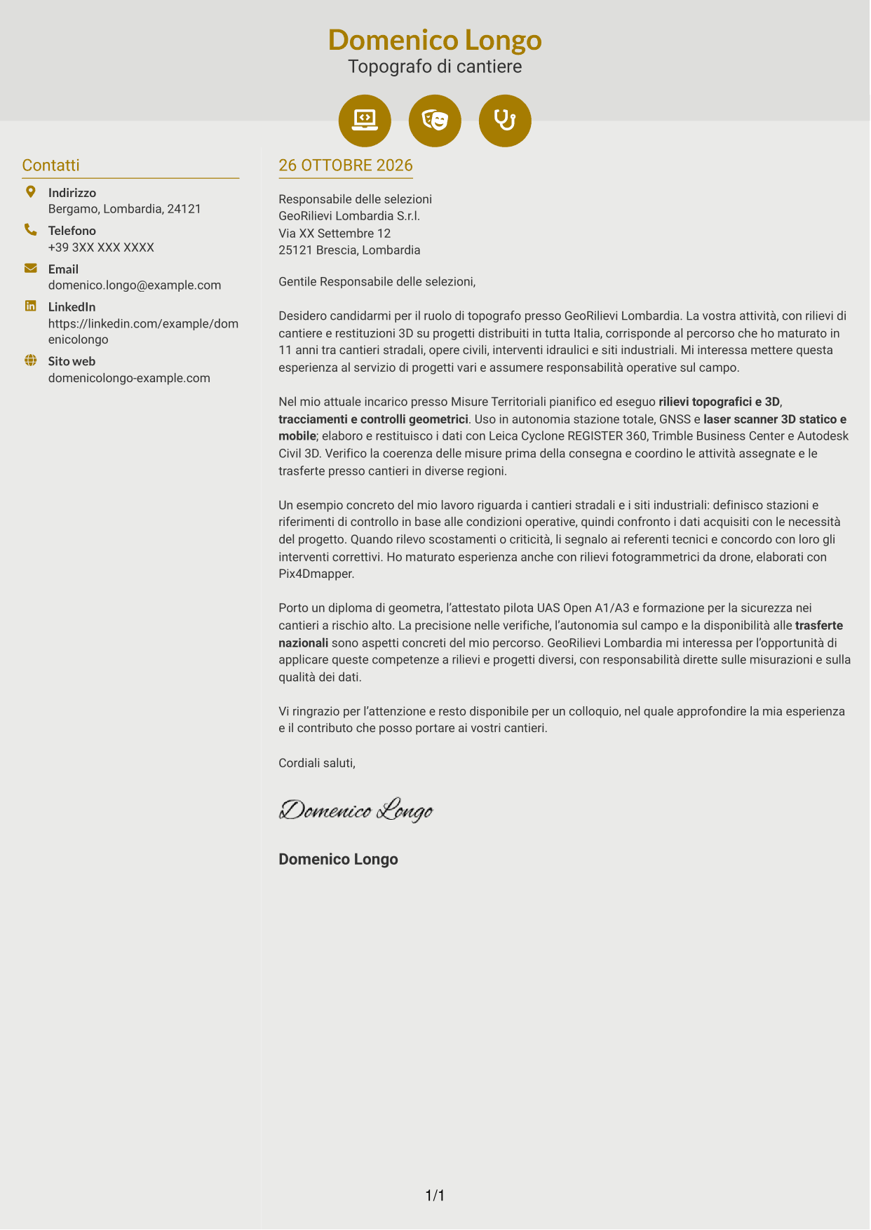 Lettera di presentazione Dinamico (formato a due colonne con icone): Topografo - Rilievi di cantiere e 3D, pagina 1