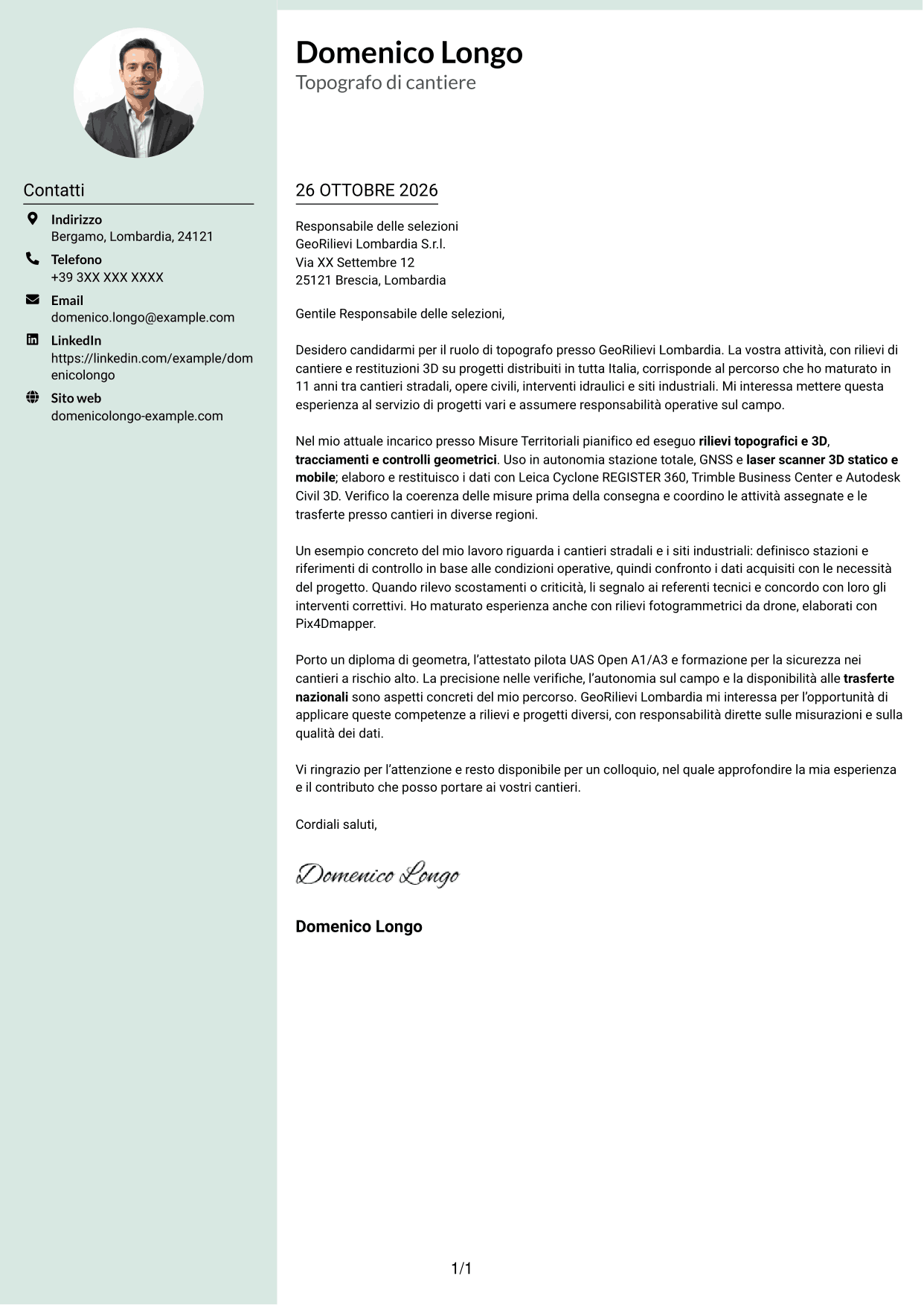 Lettera di presentazione Dirigente (formato con colonna laterale tenue e foto arrotondata): Topografo - Rilievi di cantiere e 3D, pagina 1