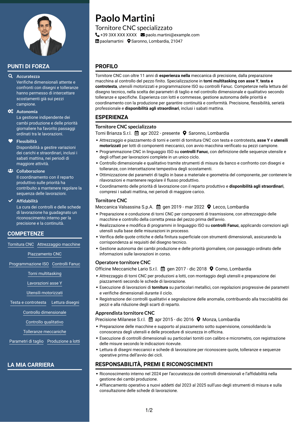 CV Elegante (formato con colonna laterale colorata e foto): Tornitore CNC - Torni multitasking con asse Y, pagina 1