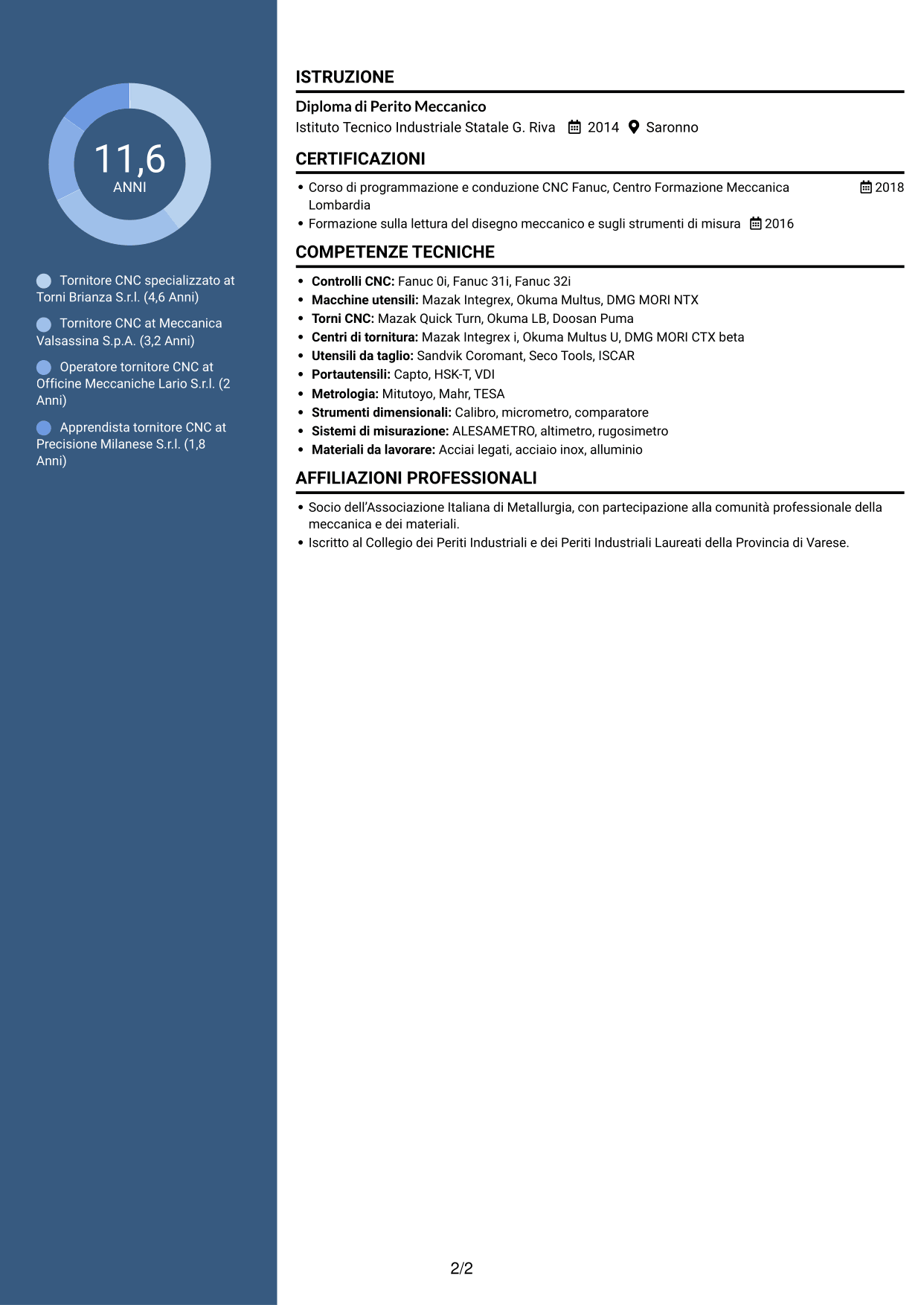 CV Elegante (formato con colonna laterale colorata e foto): Tornitore CNC - Torni multitasking con asse Y, pagina 2