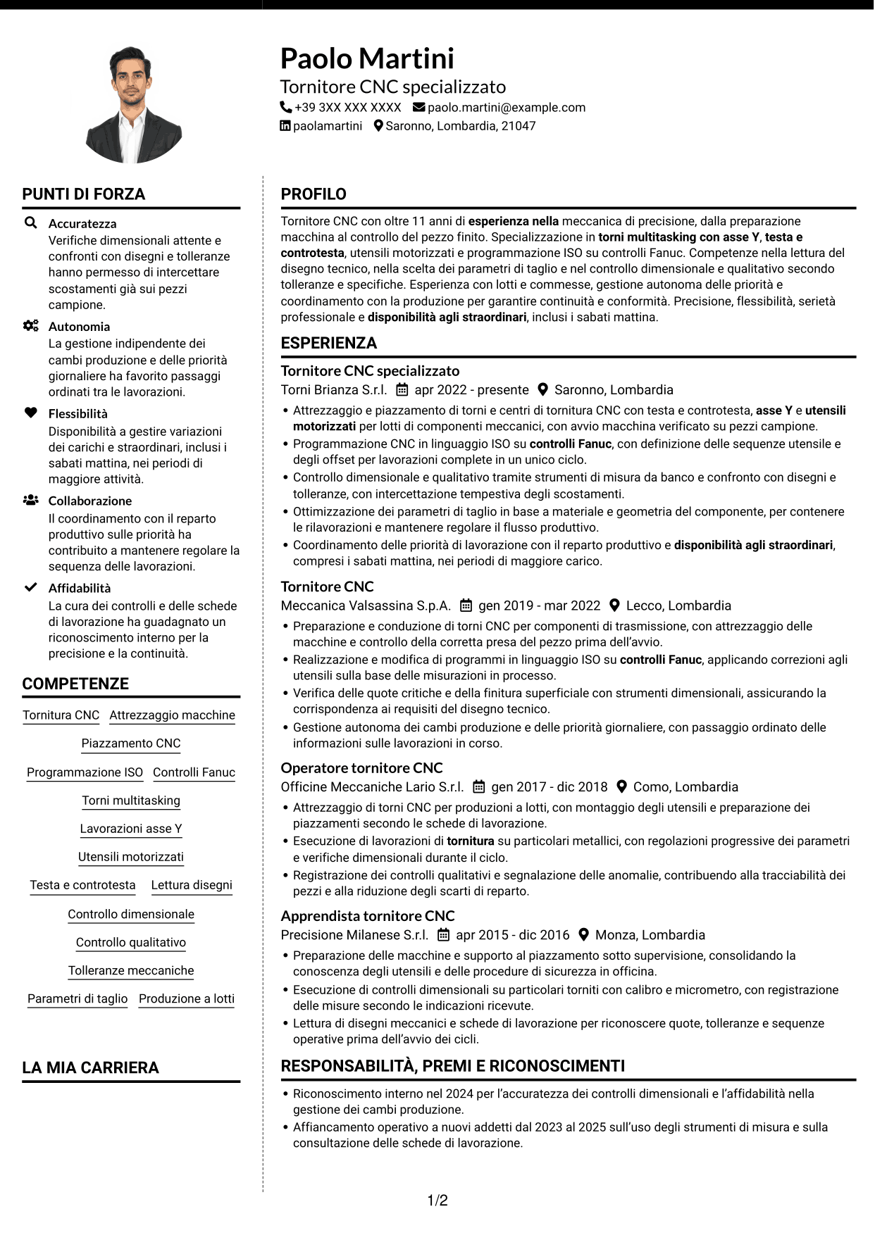 CV Moderno (formato a due colonne con foto a sinistra e separatore): Tornitore CNC - Torni multitasking con asse Y, pagina 1