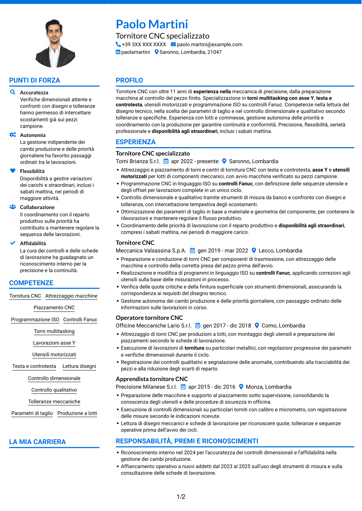 CV Audace (formato a due colonne con accenti colorati e foto): Tornitore CNC - Torni multitasking con asse Y, pagina 1