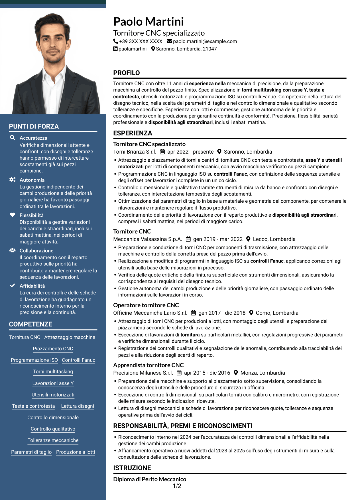 CV Signature (formato con colonna laterale colorata e foto grande): Tornitore CNC - Torni multitasking con asse Y, pagina 1