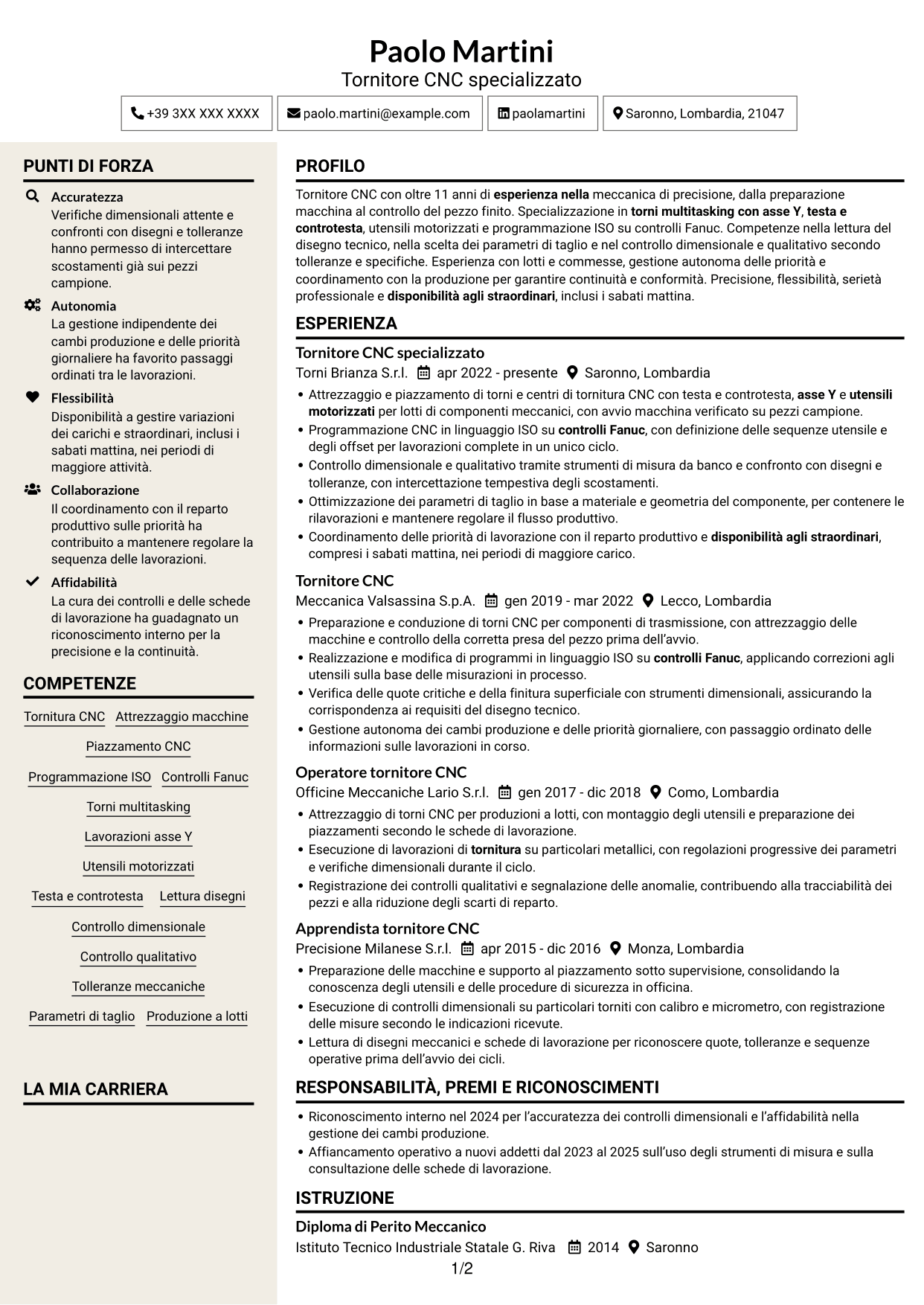 CV Intraprendente (formato a due colonne con intestazione centrata senza foto): Tornitore CNC - Torni multitasking con asse Y, pagina 1