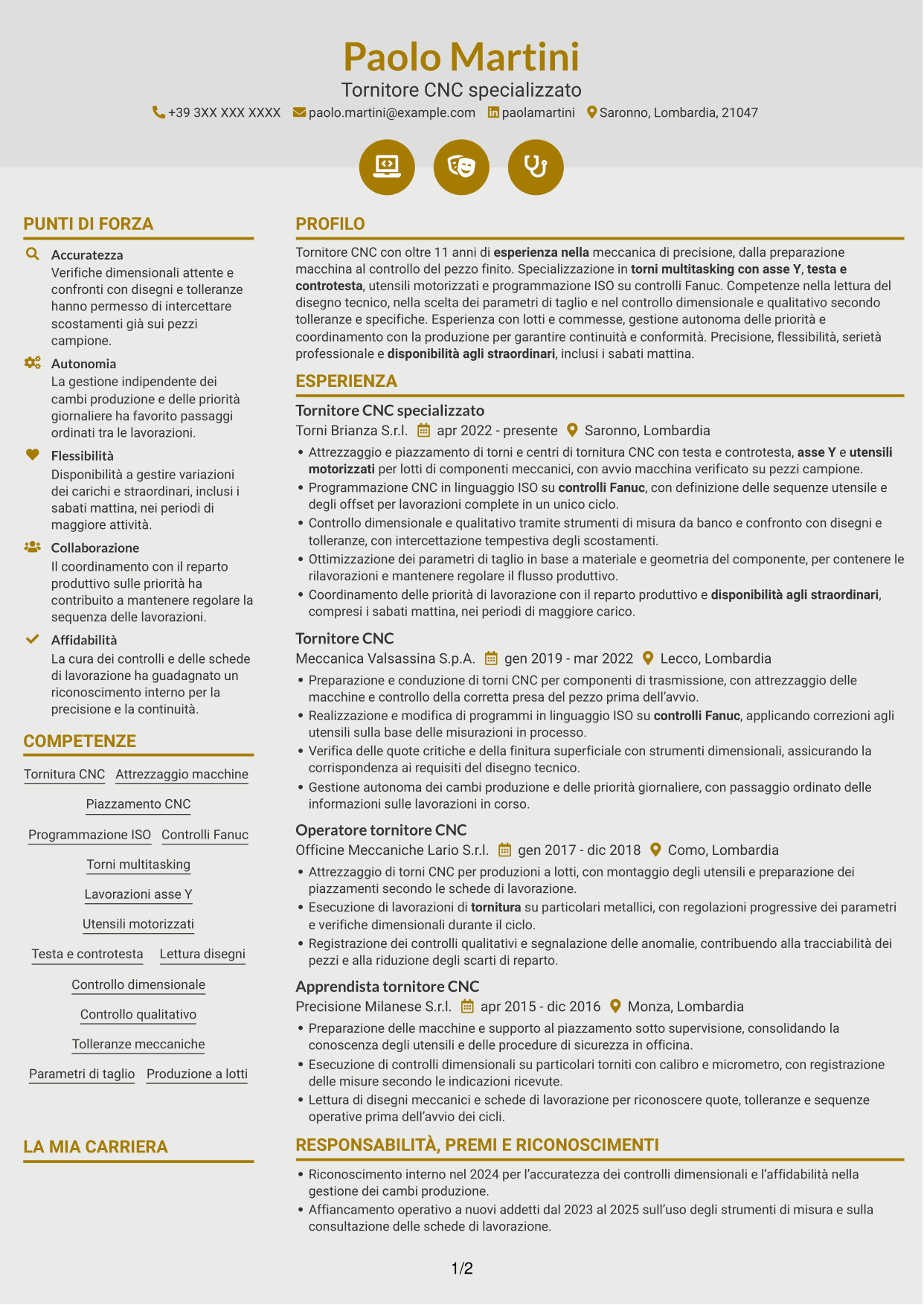 CV Dinamico (formato a due colonne con icone): Tornitore CNC - Torni multitasking con asse Y, pagina 1