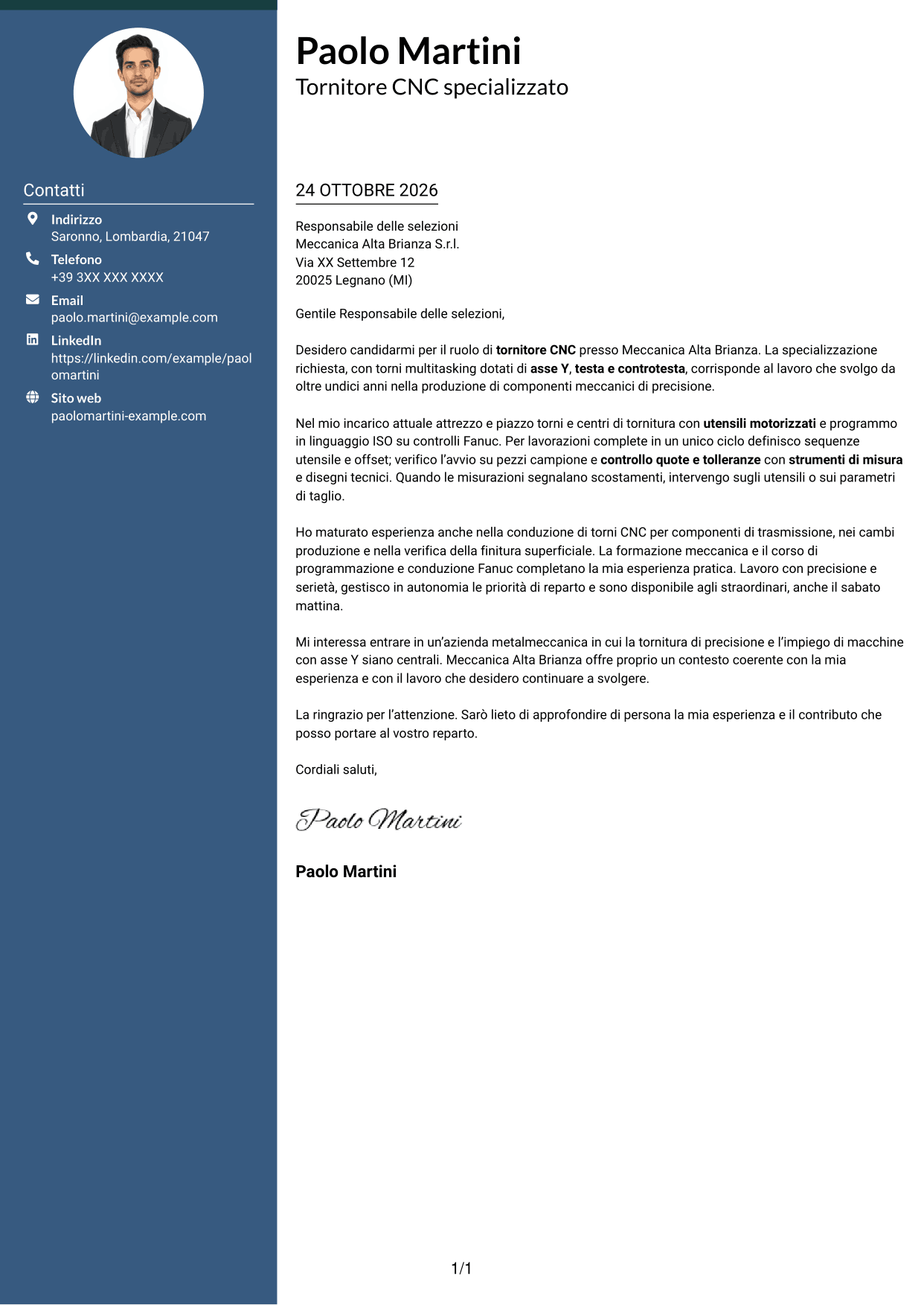 Lettera di presentazione Elegante (formato con colonna laterale colorata e foto): Tornitore CNC - Torni multitasking con asse Y, pagina 1