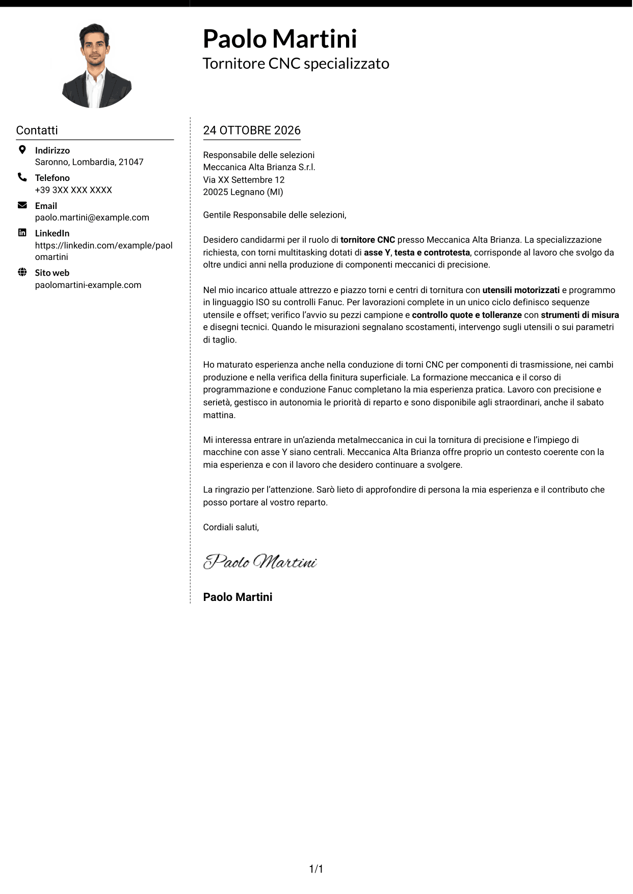 Lettera di presentazione Moderno (formato a due colonne con foto a sinistra e separatore): Tornitore CNC - Torni multitasking con asse Y, pagina 1