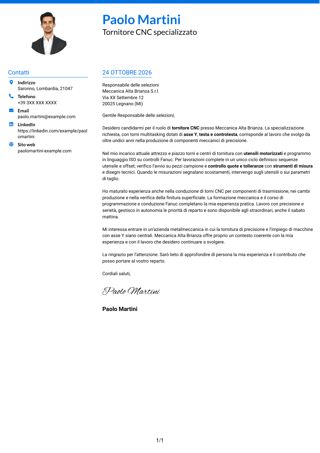 Lettera di presentazione Audace (formato a due colonne con accenti colorati e foto): Tornitore CNC - Torni multitasking con asse Y, pagina 1