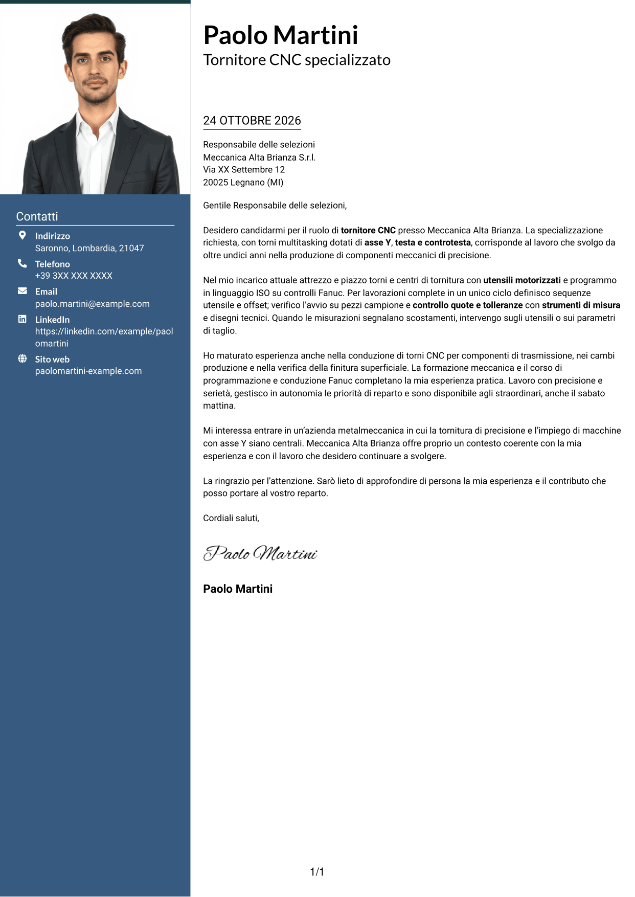 Lettera di presentazione Signature (formato con colonna laterale colorata e foto grande): Tornitore CNC - Torni multitasking con asse Y, pagina 1