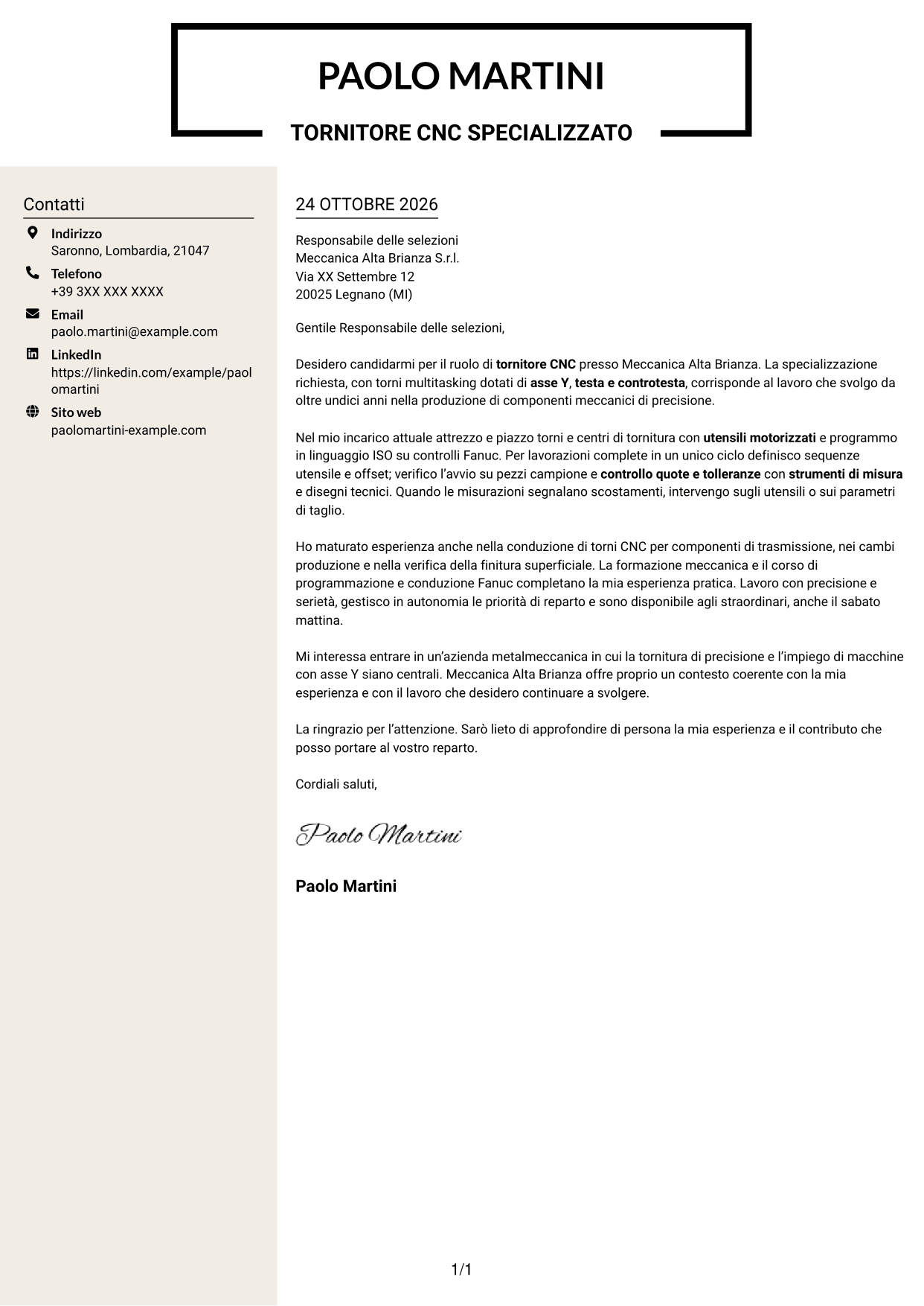 Lettera di presentazione Intraprendente (formato a due colonne con intestazione centrata senza foto): Tornitore CNC - Torni multitasking con asse Y, pagina 1