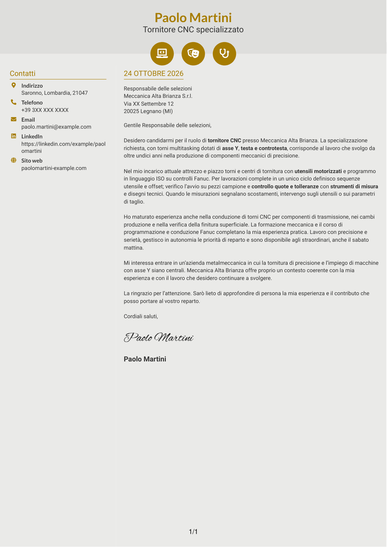 Lettera di presentazione Dinamico (formato a due colonne con icone): Tornitore CNC - Torni multitasking con asse Y, pagina 1