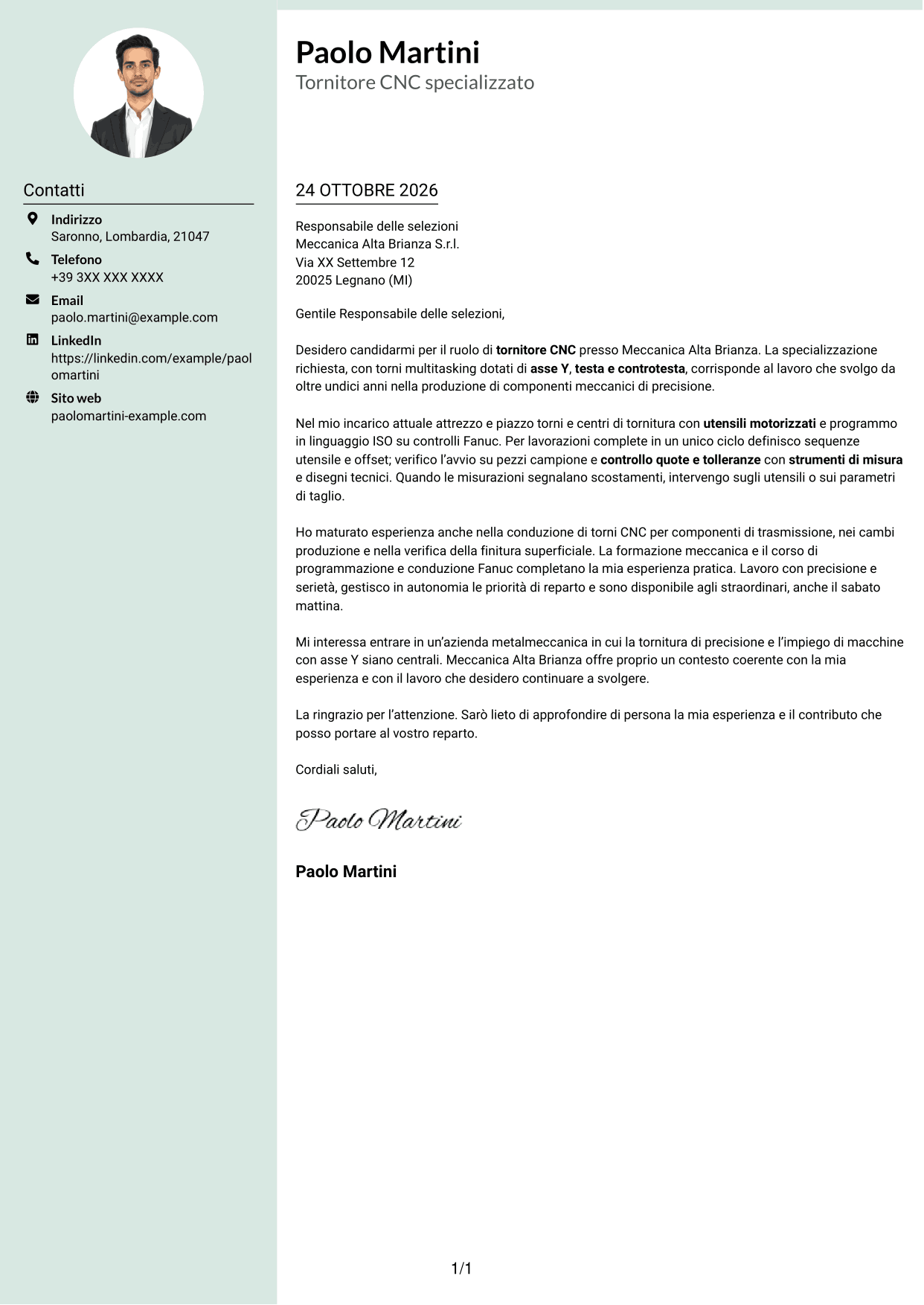 Lettera di presentazione Dirigente (formato con colonna laterale tenue e foto arrotondata): Tornitore CNC - Torni multitasking con asse Y, pagina 1