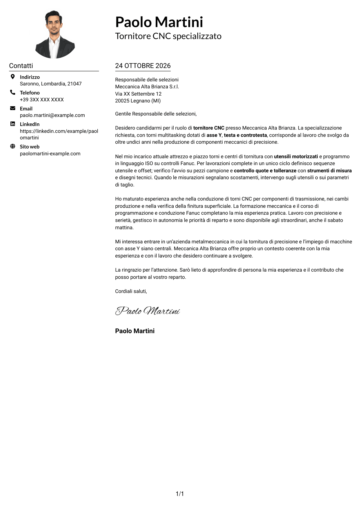 Esempio di lettera di presentazione — pagina 1