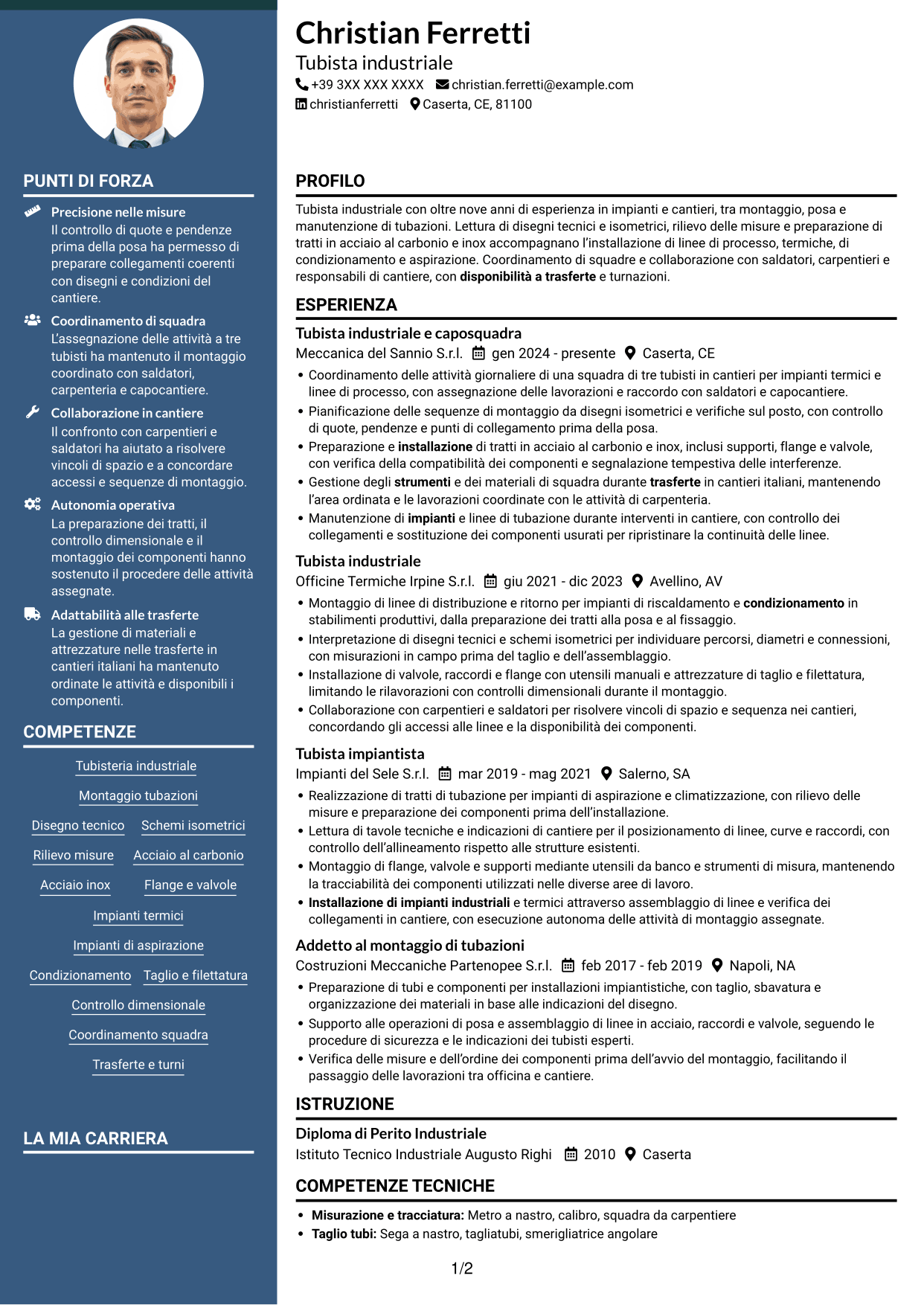 CV Elegante (formato con colonna laterale colorata e foto): Tubista Industriale, pagina 1