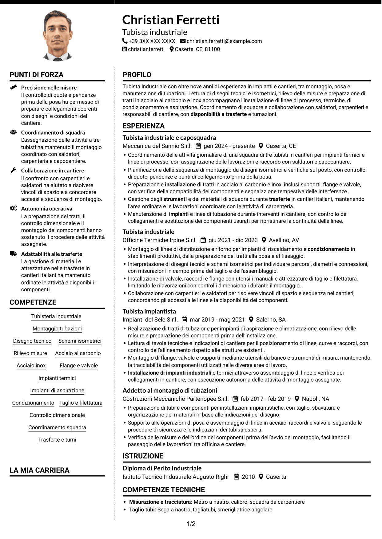 CV Moderno (formato a due colonne con foto a sinistra e separatore): Tubista Industriale, pagina 1