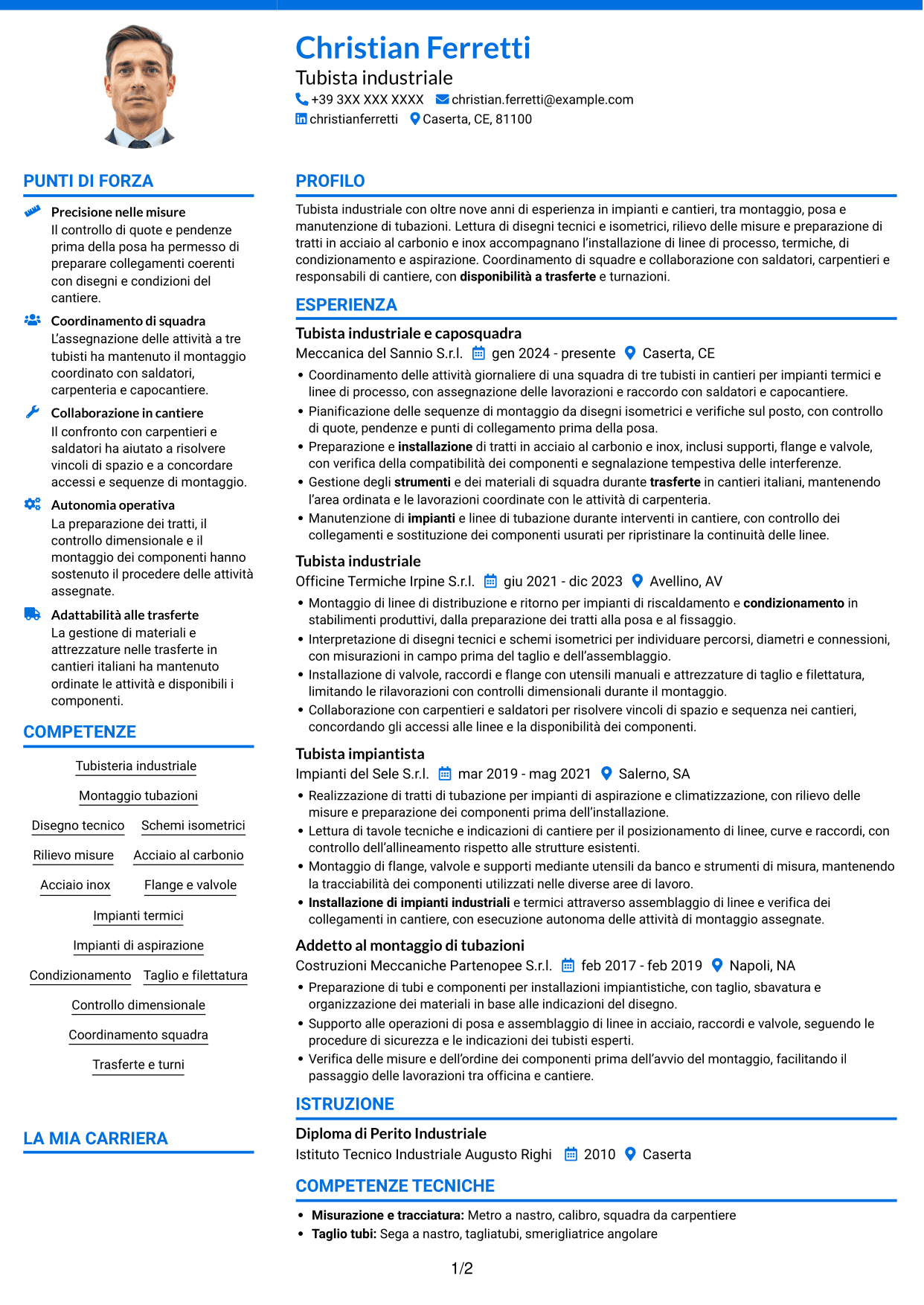 CV Audace (formato a due colonne con accenti colorati e foto): Tubista Industriale, pagina 1