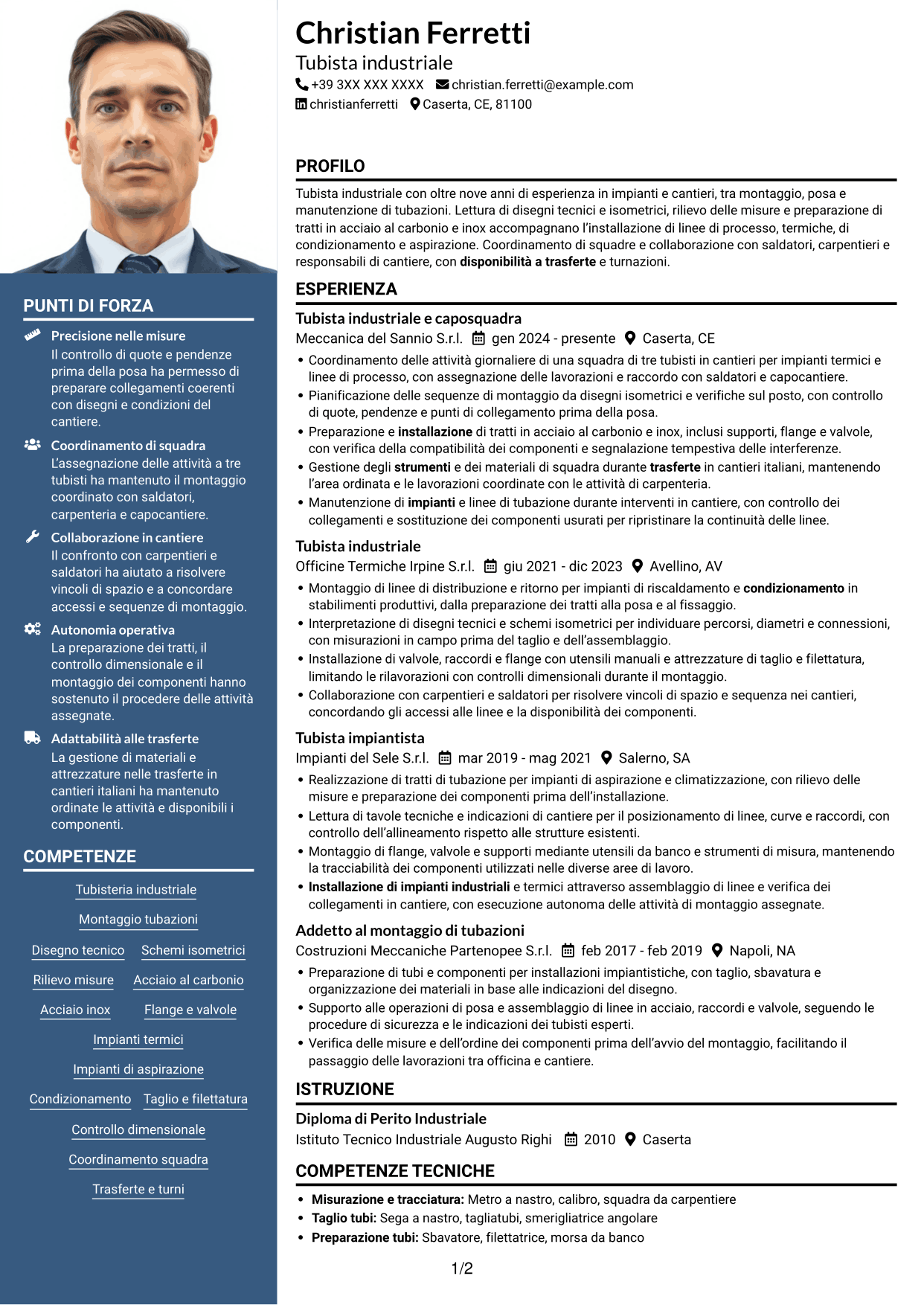 CV Signature (formato con colonna laterale colorata e foto grande): Tubista Industriale, pagina 1