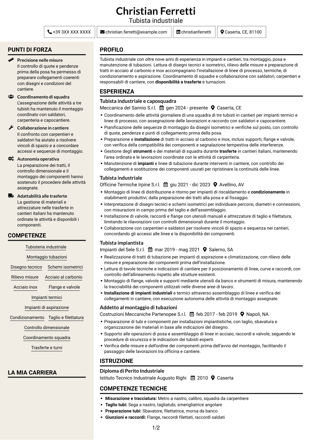 CV Intraprendente (formato a due colonne con intestazione centrata senza foto): Tubista Industriale, pagina 1