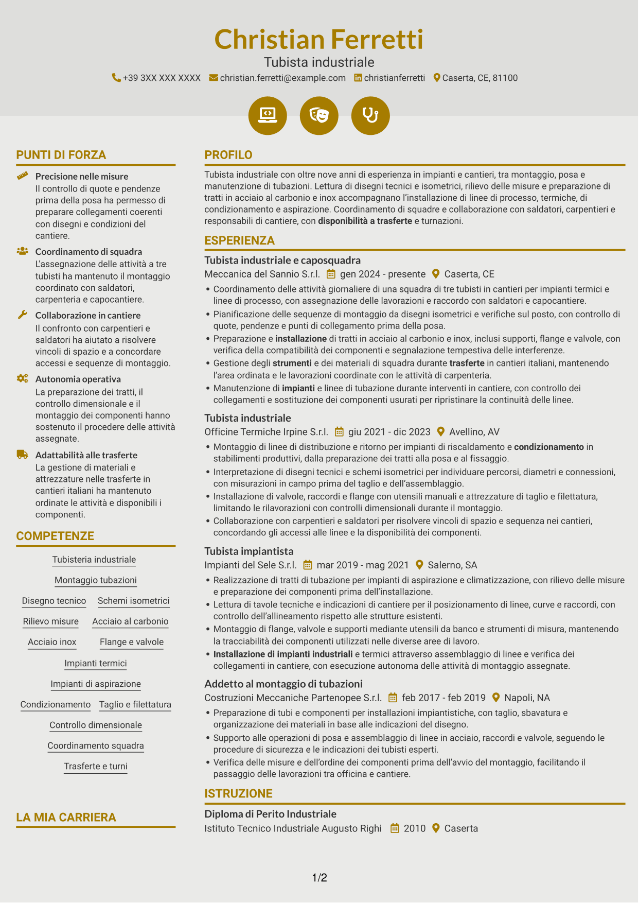 CV Dinamico (formato a due colonne con icone): Tubista Industriale, pagina 1