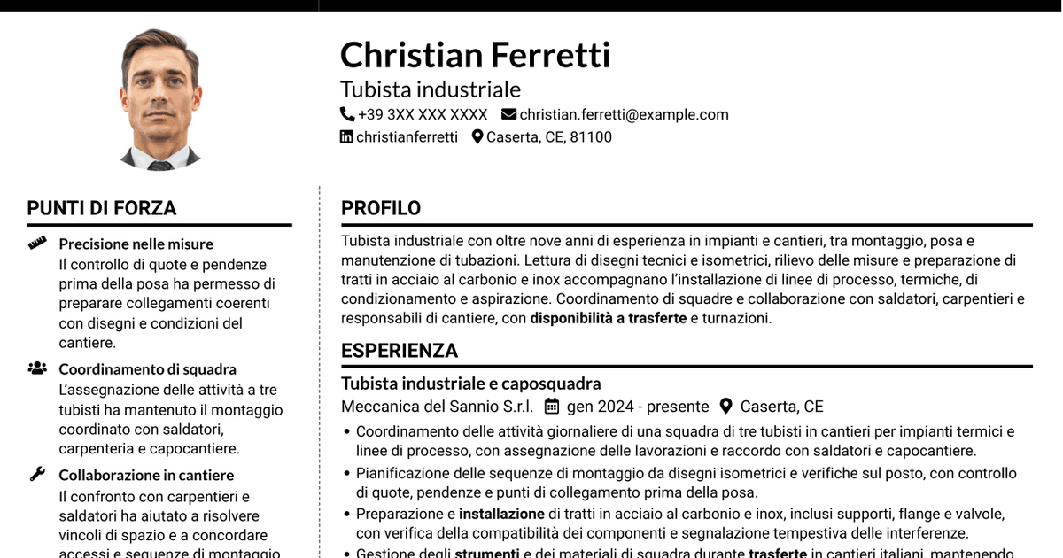 7 modelli di CV per Tubista Industriale, con esempi