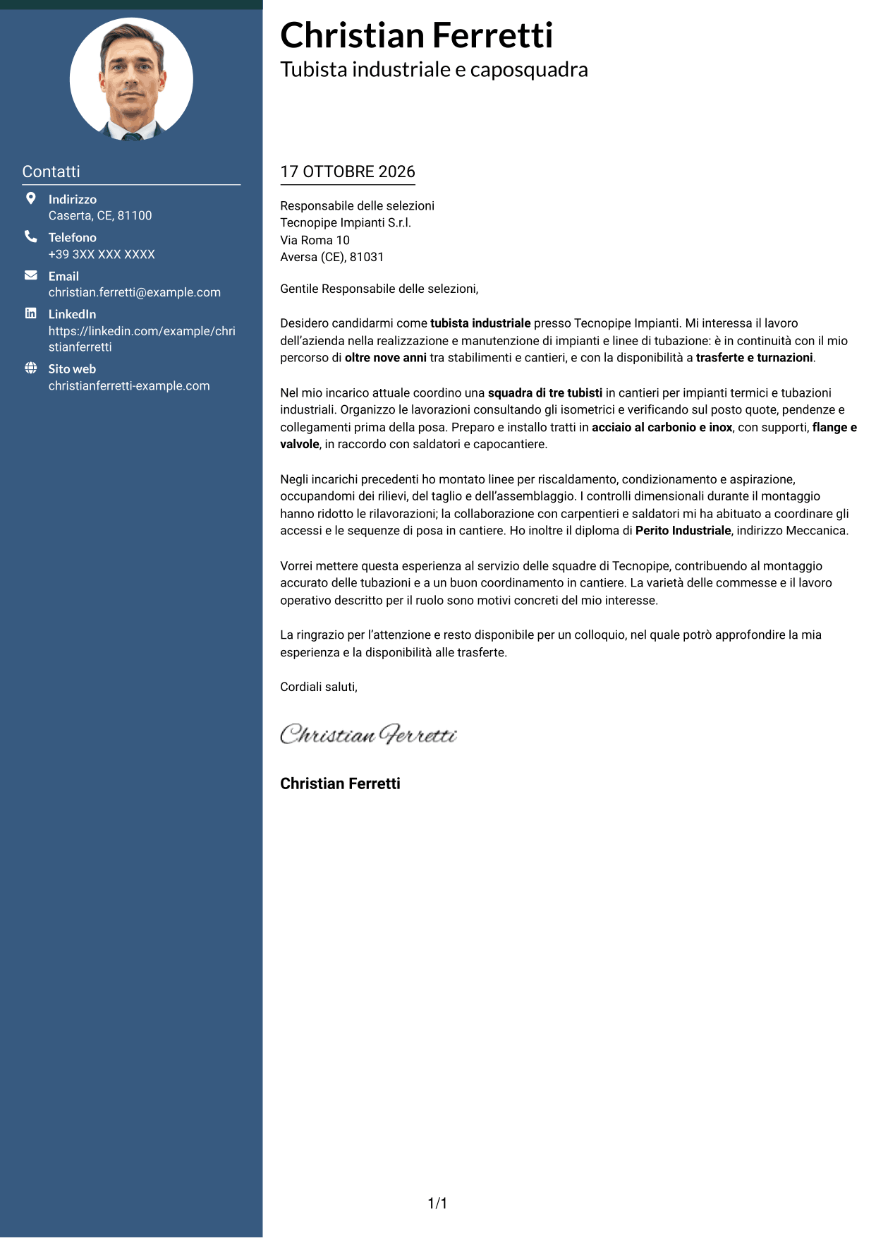 Lettera di presentazione Elegante (formato con colonna laterale colorata e foto): Tubista Industriale, pagina 1