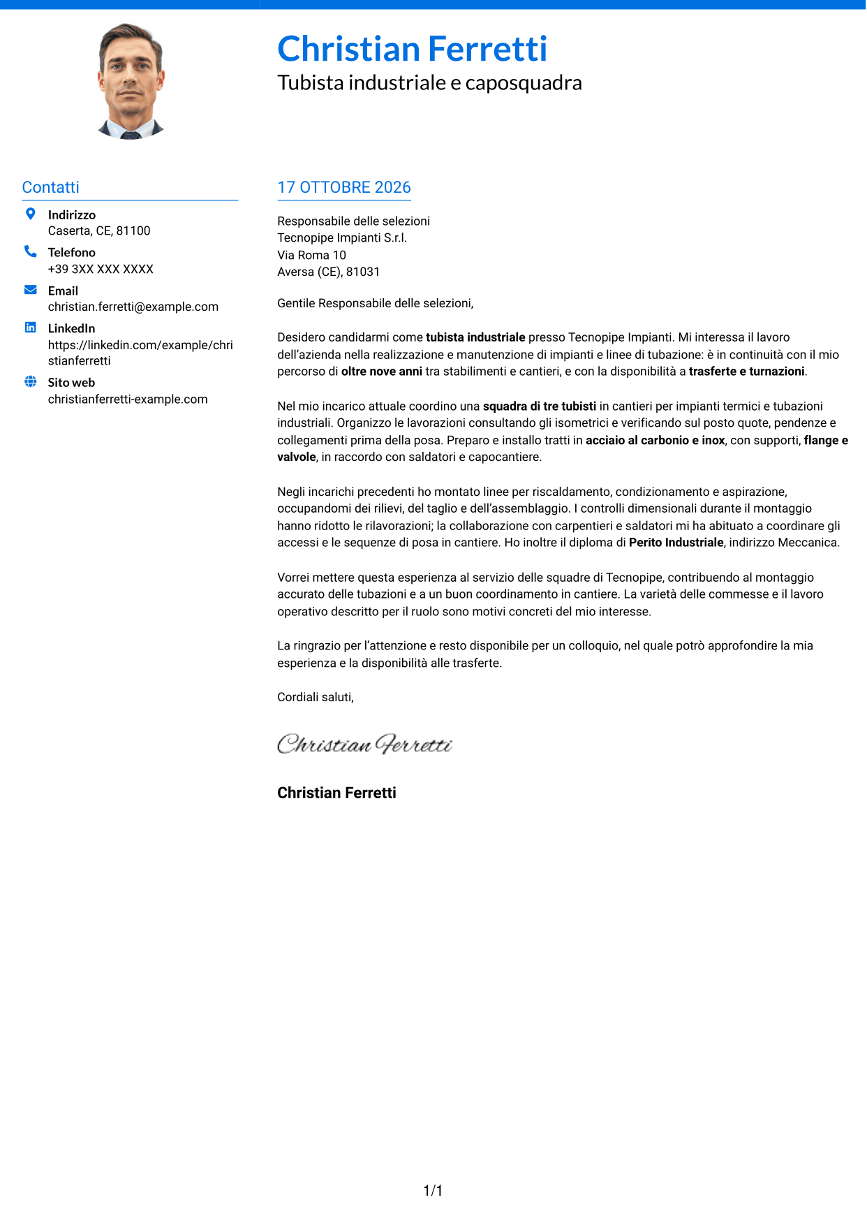 Lettera di presentazione Audace (formato a due colonne con accenti colorati e foto): Tubista Industriale, pagina 1