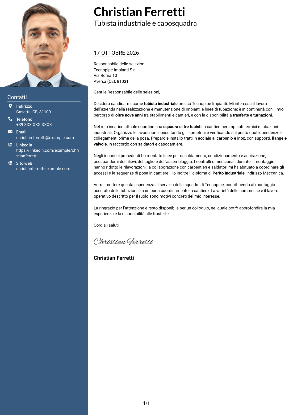 Lettera di presentazione Signature (formato con colonna laterale colorata e foto grande): Tubista Industriale, pagina 1