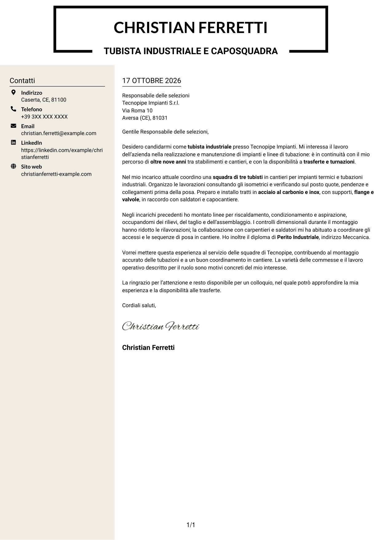 Lettera di presentazione Intraprendente (formato a due colonne con intestazione centrata senza foto): Tubista Industriale, pagina 1