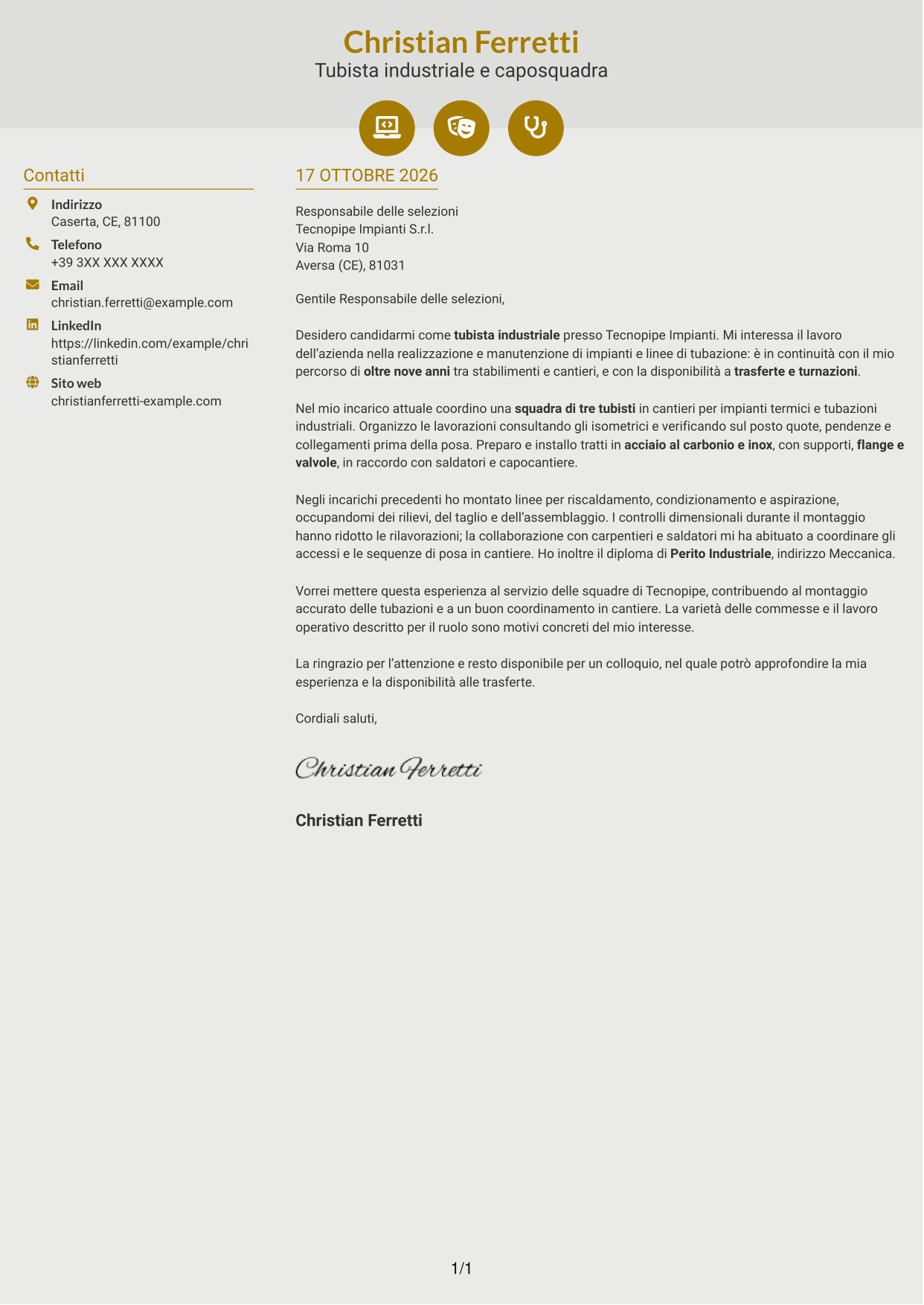 Lettera di presentazione Dinamico (formato a due colonne con icone): Tubista Industriale, pagina 1