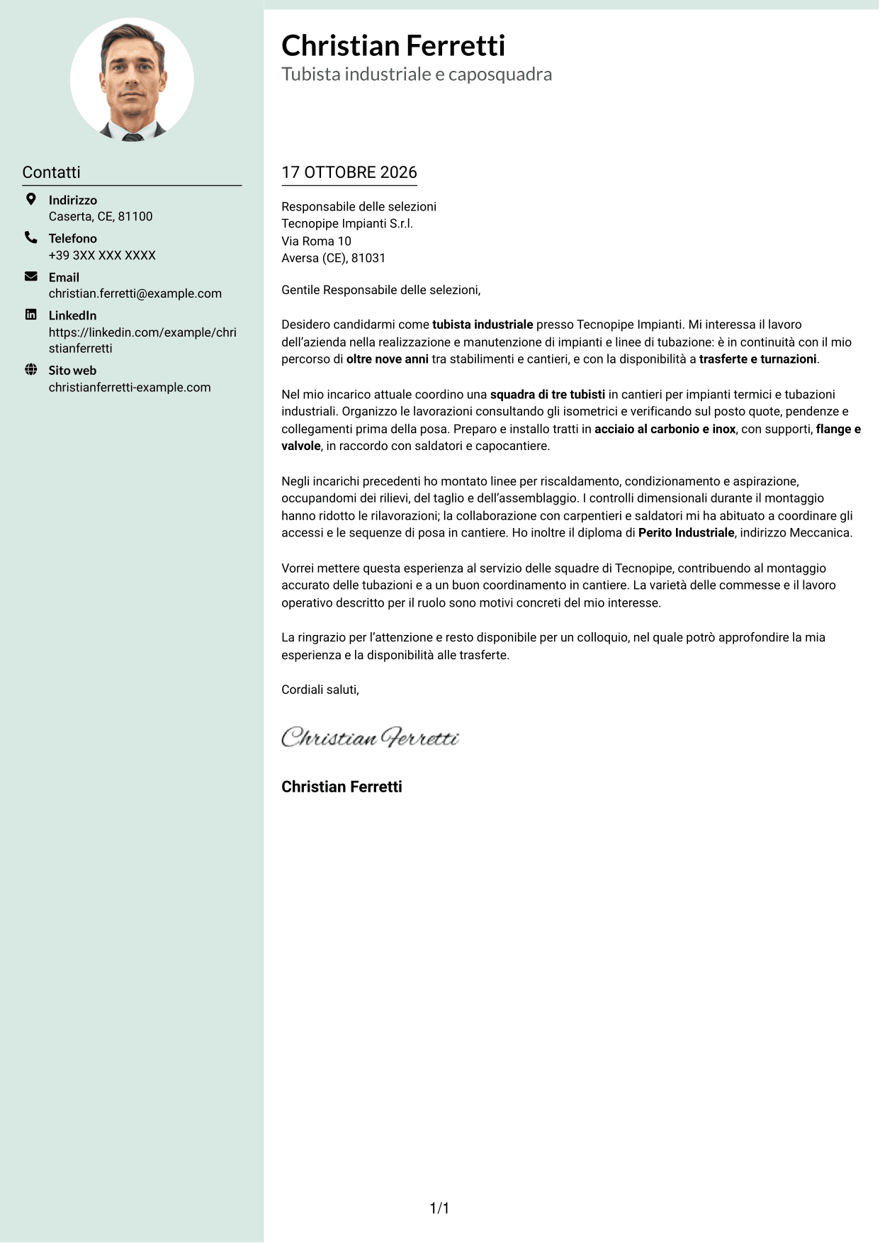 Lettera di presentazione Dirigente (formato con colonna laterale tenue e foto arrotondata): Tubista Industriale, pagina 1