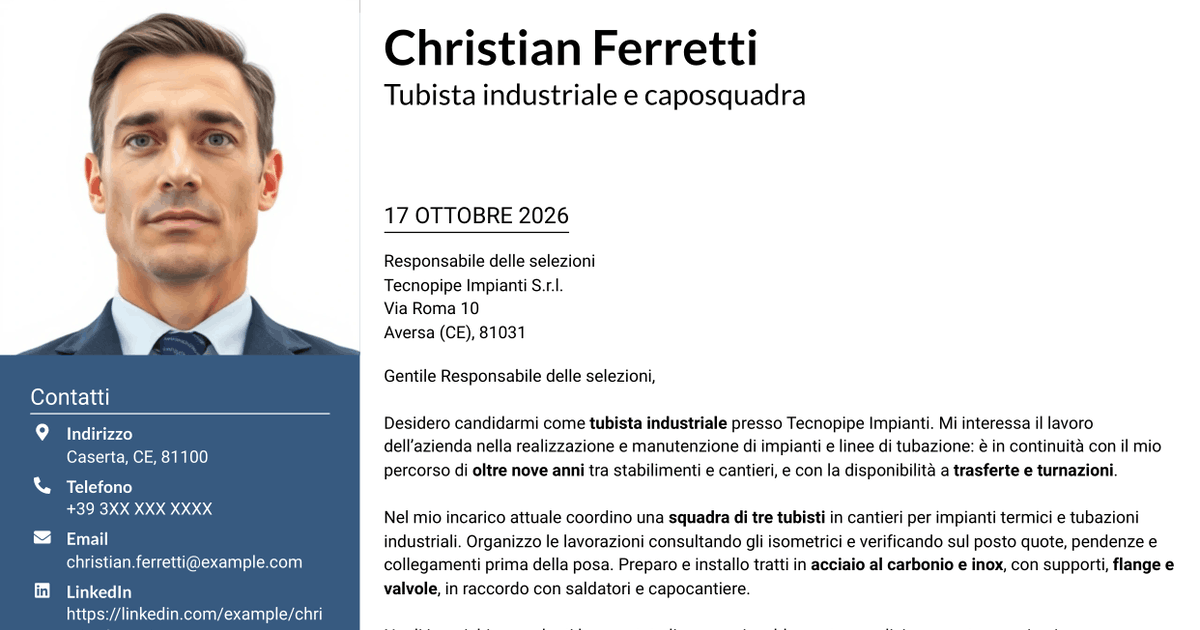 7 modelli di lettera di presentazione per Tubista Industriale, con esempi