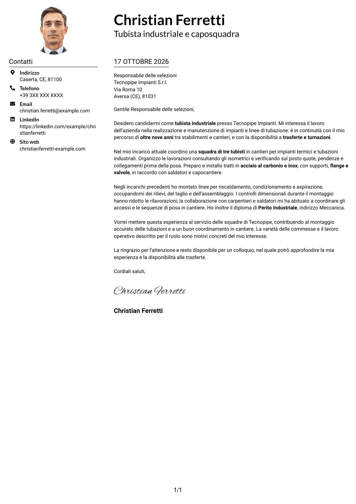 Esempio di lettera di presentazione — pagina 1