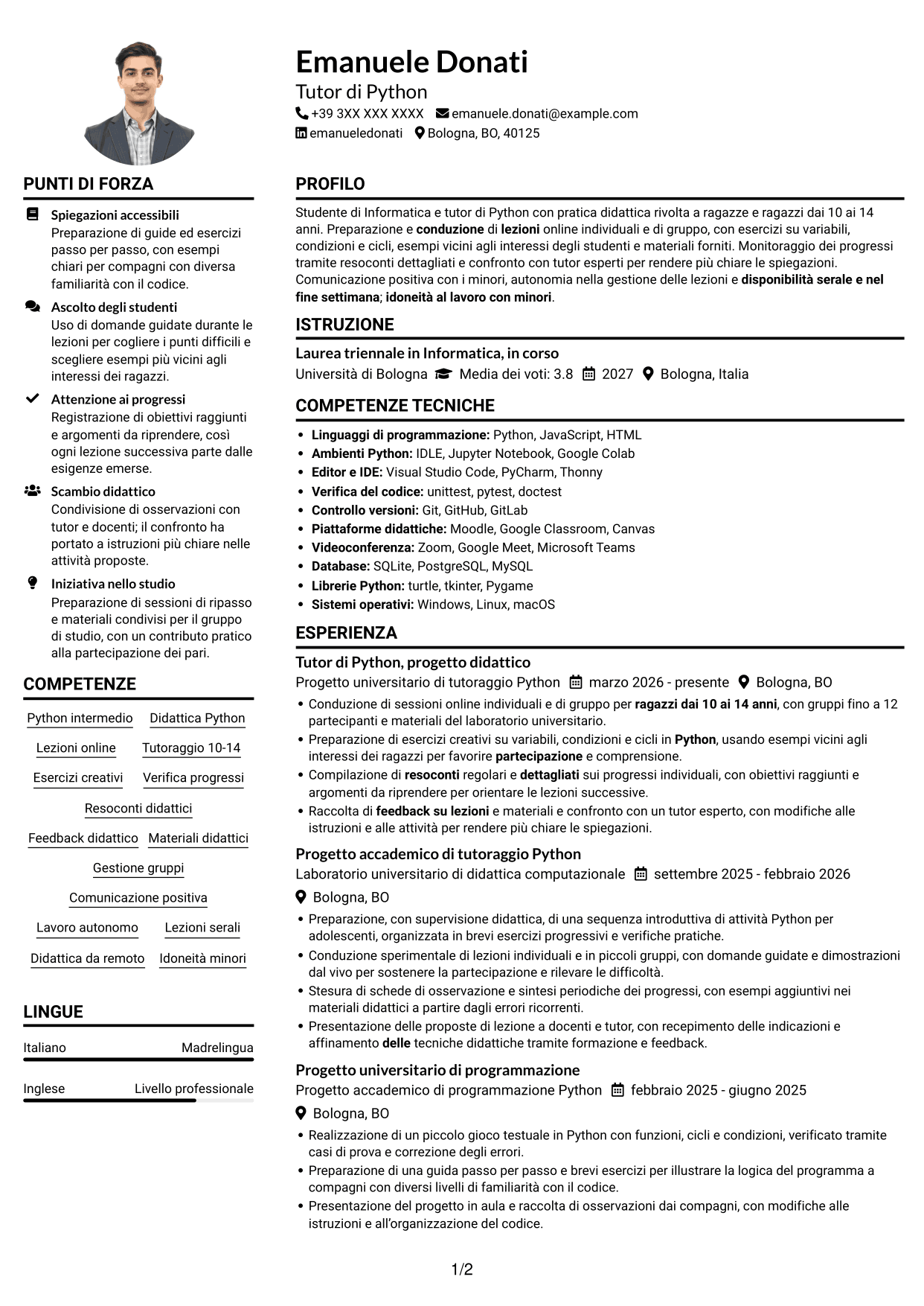 Esempio di curriculum — pagina 1