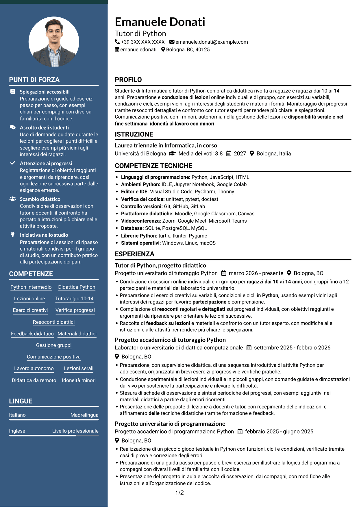 CV Elegante (formato con colonna laterale colorata e foto): Tutor di Python - Didattica online per ragazzi, pagina 1